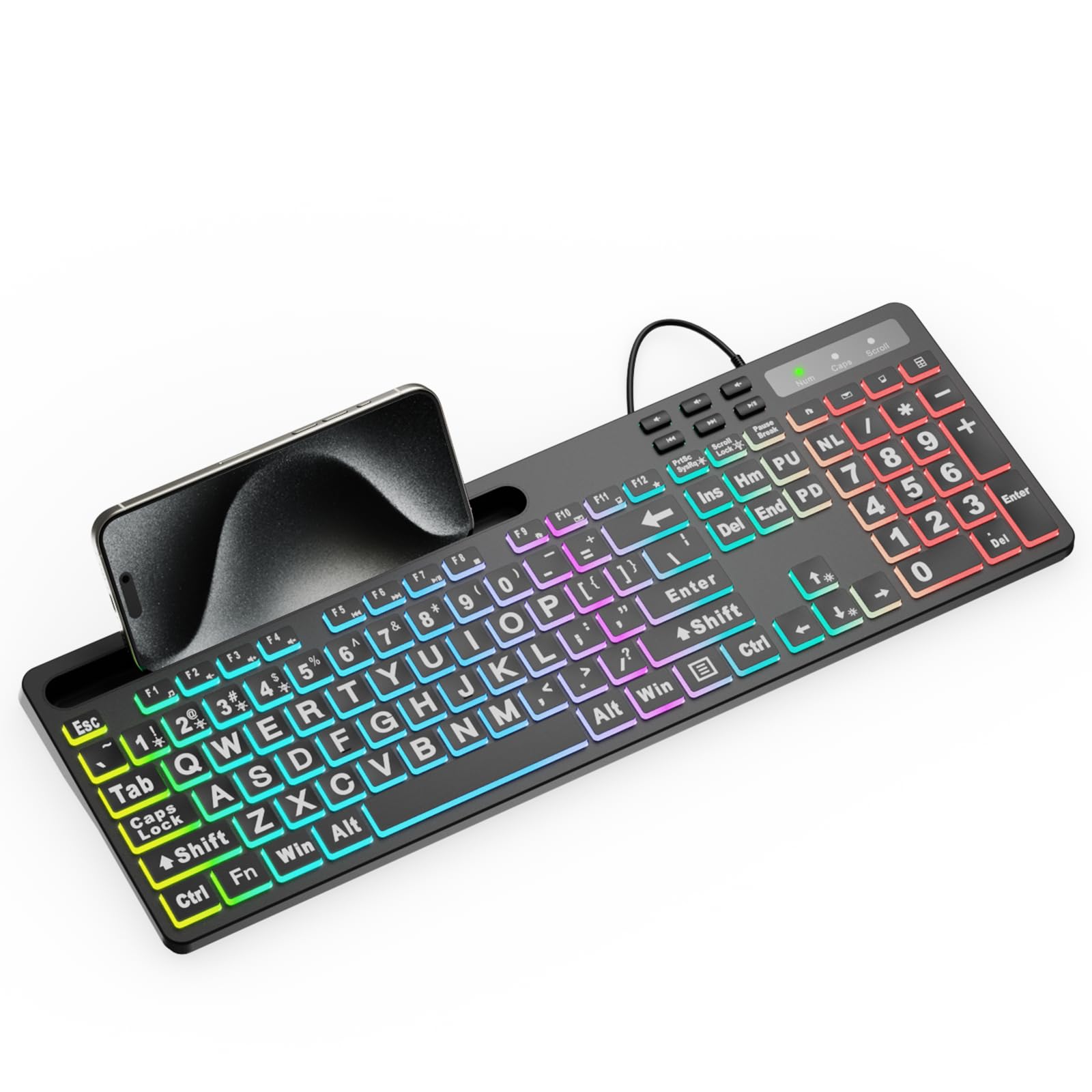 MARVO Large Print Backlit Keyboard, WK712 Wired Computer Keyboard with 7 Colors & 11 Modes Backlight, Silent Light Up Keyboard with Tablet Phone Holder, Full-Size Gaming Keyboard for Windows, Mac