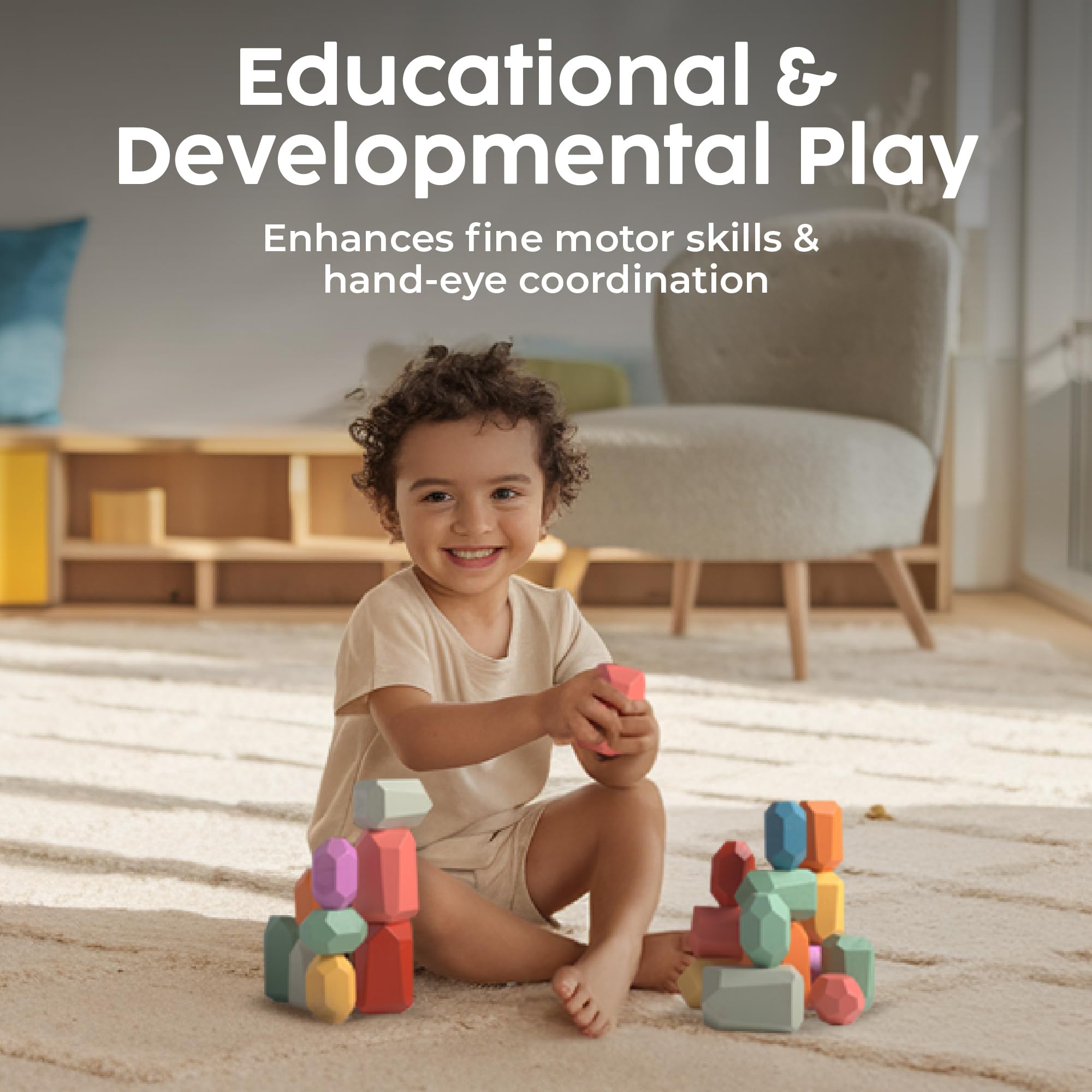 BUNMO 40pcs Wooden Stacking Toys - Montessori Educational Blocks for Toddlers, Non-Toxic, Safe, and Durable for Kids’ Creative Play and Learning