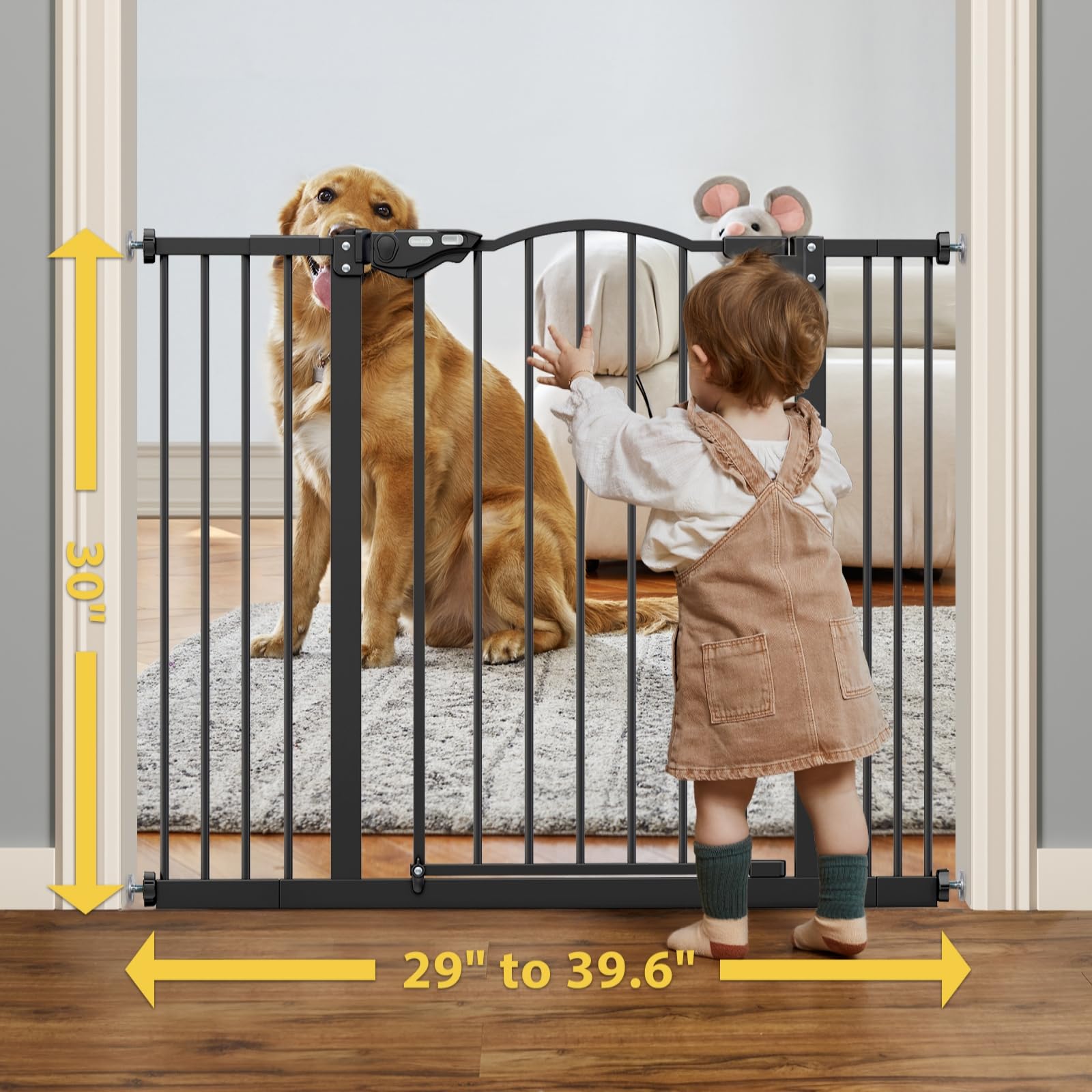 InnoTruth 29-39.6” Baby Gate for Stairs & Doorways, 30" Tall Dog Gate for Pets, Dual-Lock Safety and One Hand Opening Design, Pet Gate for Hallways, Outdoors, Wall-Friendly Install, Pure Black