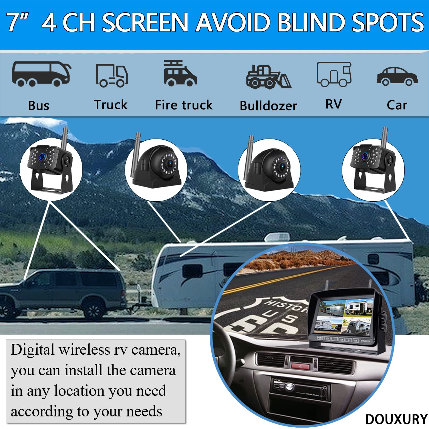 Wireless RV Backup Camera for Trailer Truck Camper Digital Rear Side View Cameras & HD 1080P 4 Splits 7" DVR Screen with Adapter for Furrion Pre-Wired IP69 Waterproof Night Vision 170° Wide View Angle