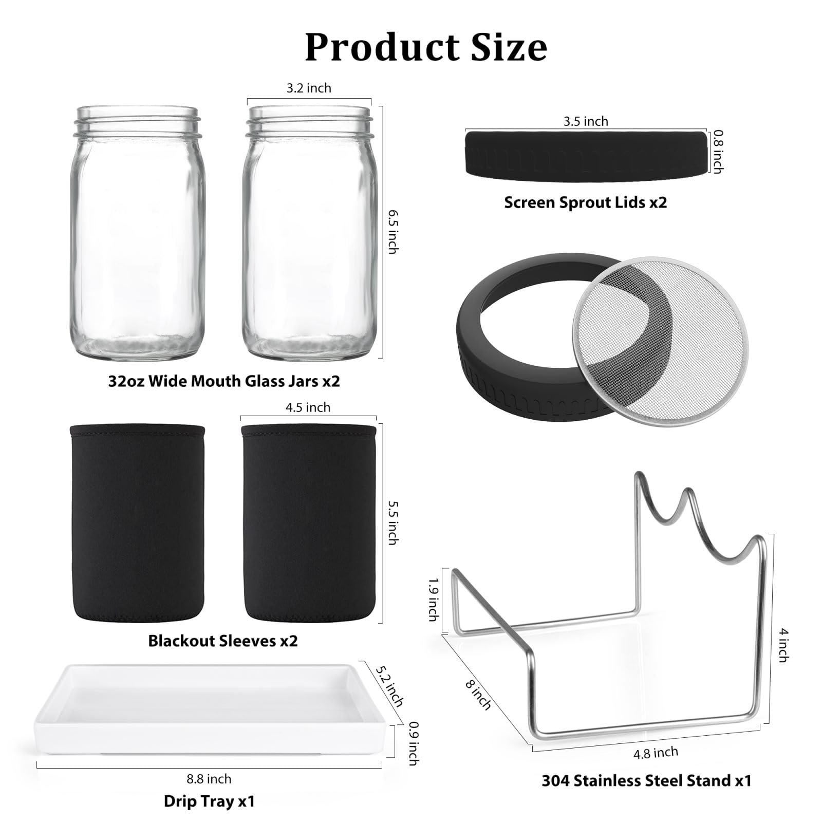 Organic Seed Sprouting Jar Kit – 2 × 32 oz Wide-Mouth Mason Jars with Stainless-Steel Sprouter Lids & Stand, Blackout Sleeves, Drain Tray – Grow Broccoli, Alfalfa & Bean Microgreens