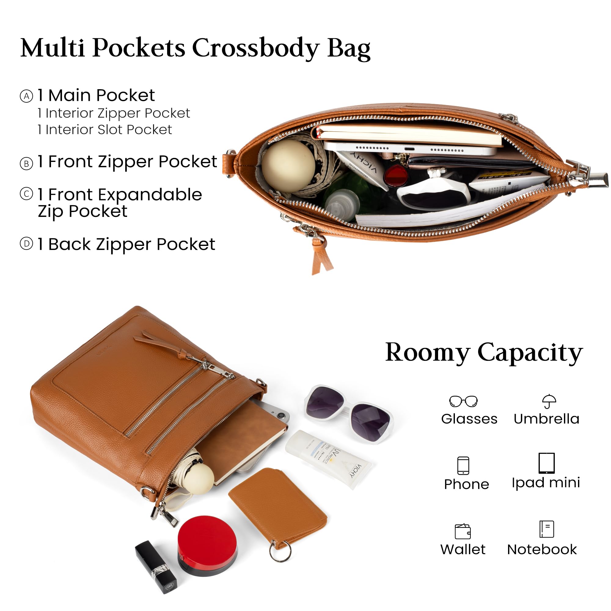 befen Real Leather Crossbody Bags for Women, Woman Cross Body Purses Shoulder Bag Handbags Adjustable Strap Cognac Brown