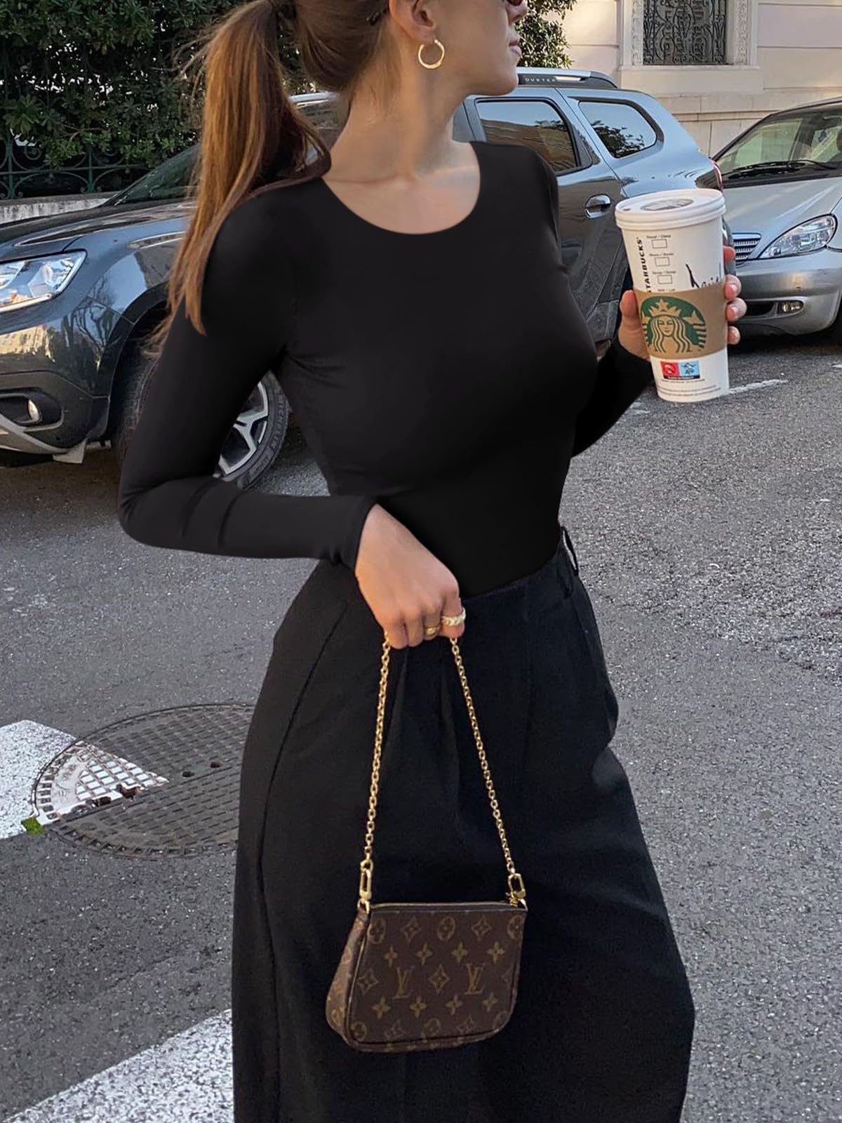 REORIA Womens Long Sleeve Bodysuits Fall Fashion Clothes 2025 Basic Round Neck Lightweight Double Lined Layering Undershirt Slim Body Suit Tops Black Large