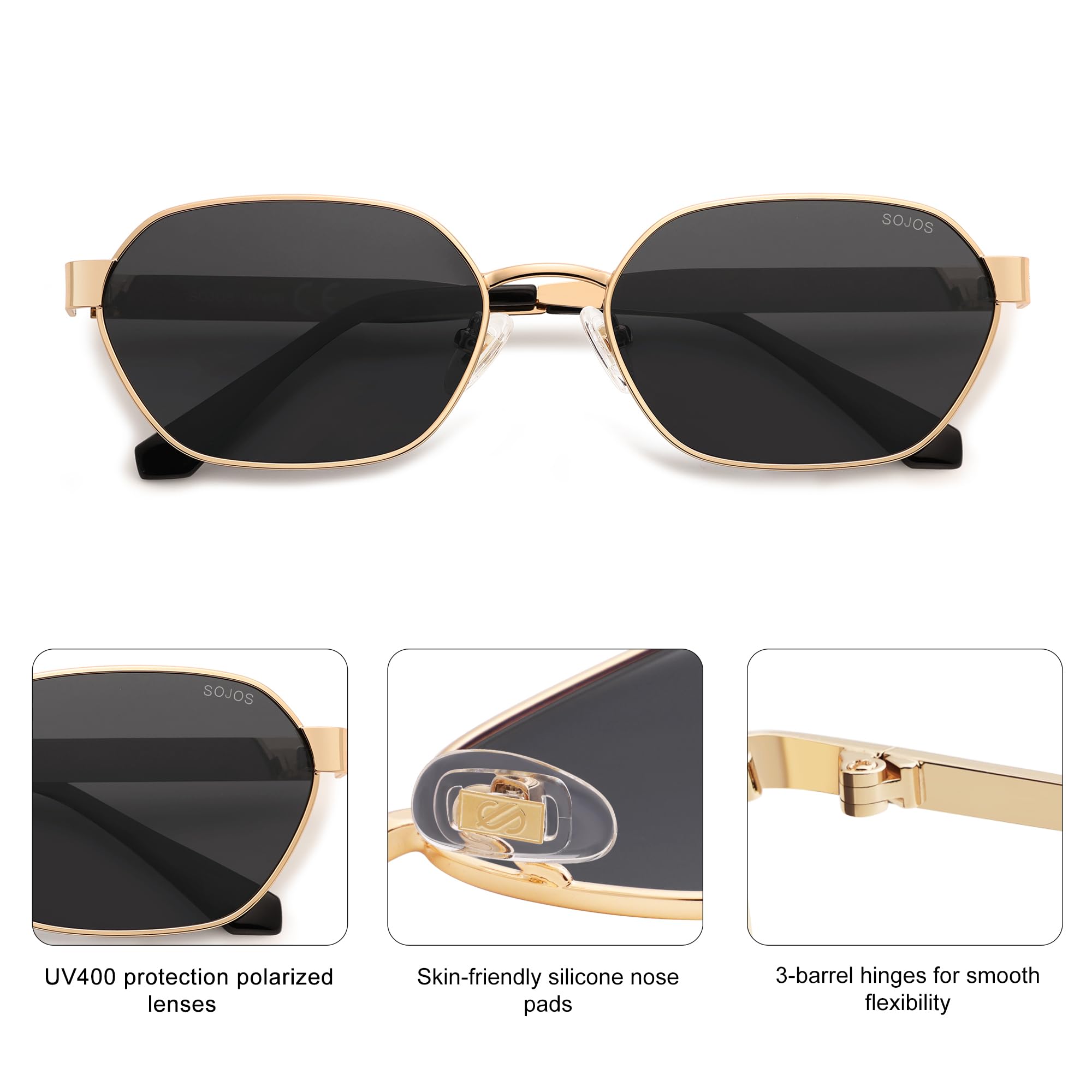 SOJOS Trendy Polarized Hexagon Sunglasses for Women Men, UV400 Retro Rectangle Shades SJ1238, Gold/Grey