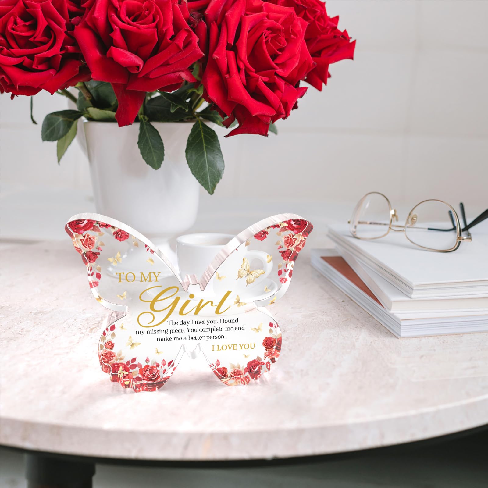 Glydein Gifts for Girlfriend Romantic, Girlfriend Christmas Gift - 5x3.8x0.5 Inch Butterfly Acrylic Plaque Decor - Christmas Anniversary Birthday Valentines Day Gift for Girlfriend, I Love You Gifts for Her