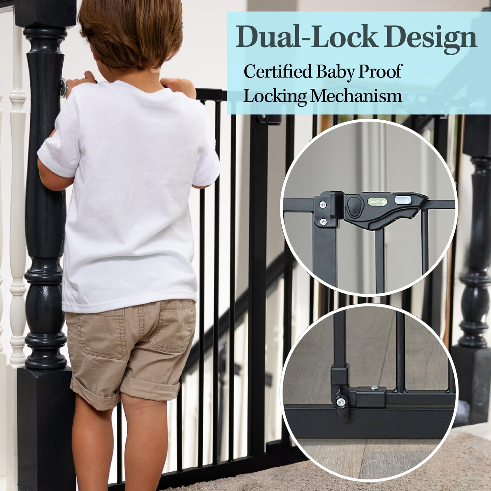 InnoTruth 29-39.6” Baby Gate for Stairs & Doorways, 30" Tall Dog Gate for Pets, Dual-Lock Safety and One Hand Opening Design, Pet Gate for Hallways, Outdoors, Wall-Friendly Install, Pure Black