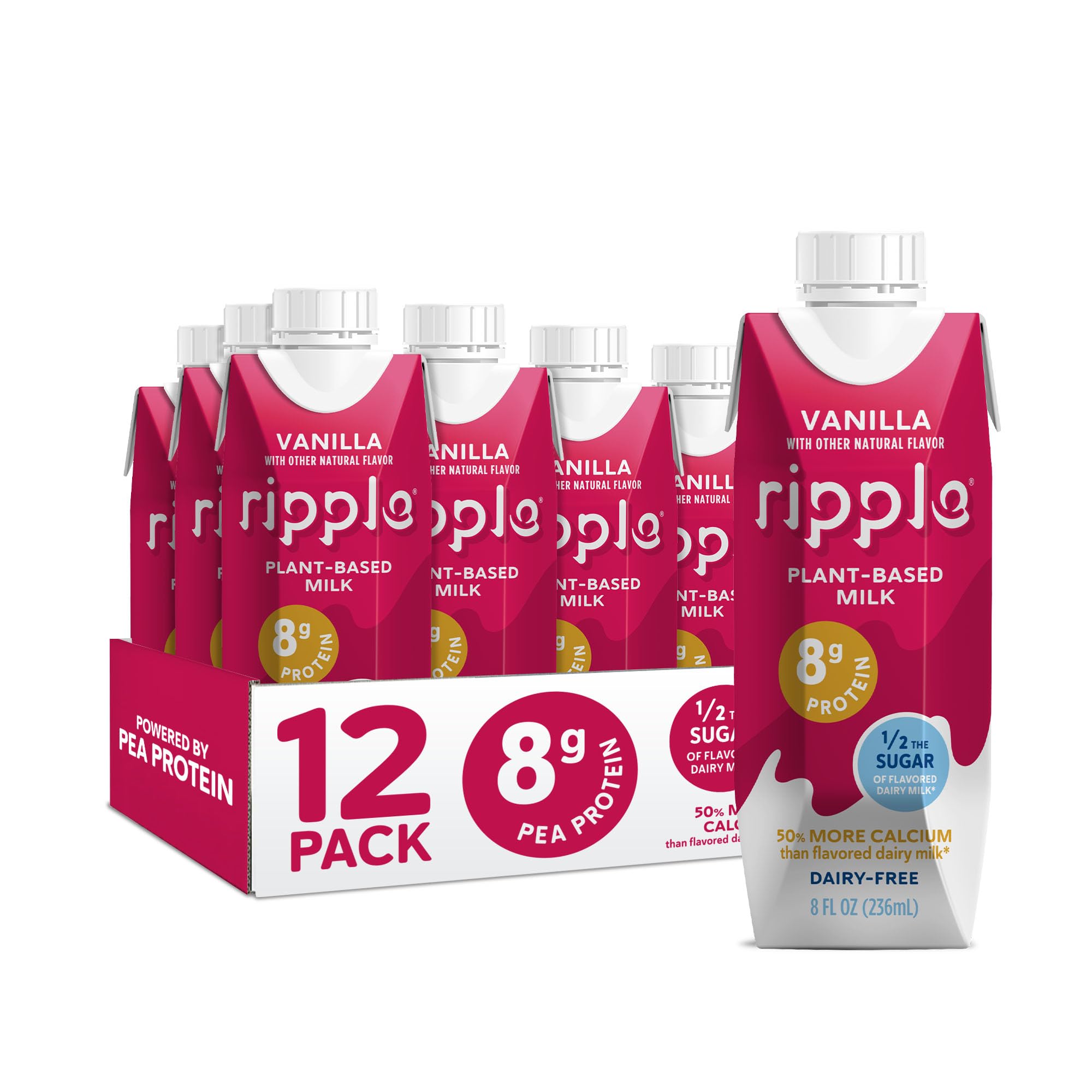 Ripple Non-Dairy Milk, Vanilla | Vegan Milk With 8g Pea Protein | Shelf Stable Single Serve Cartons | On-The-Go | Non-GMO, Plant Based, Gluten Free | 8 oz (Pack of 12)