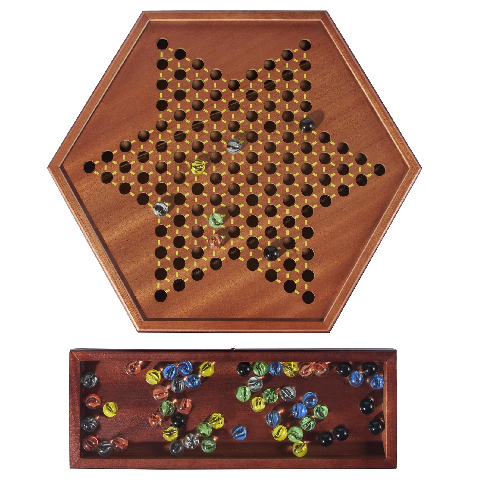 VAMSLOVE Chinese Checkers 15" Large Upgraded Version Wooden Game Board, 16mm 60+12 Colorful Glass Marbles, Easy Grasping for Adults and Kids, w/Storage Drawer, Fun for Family Gathering