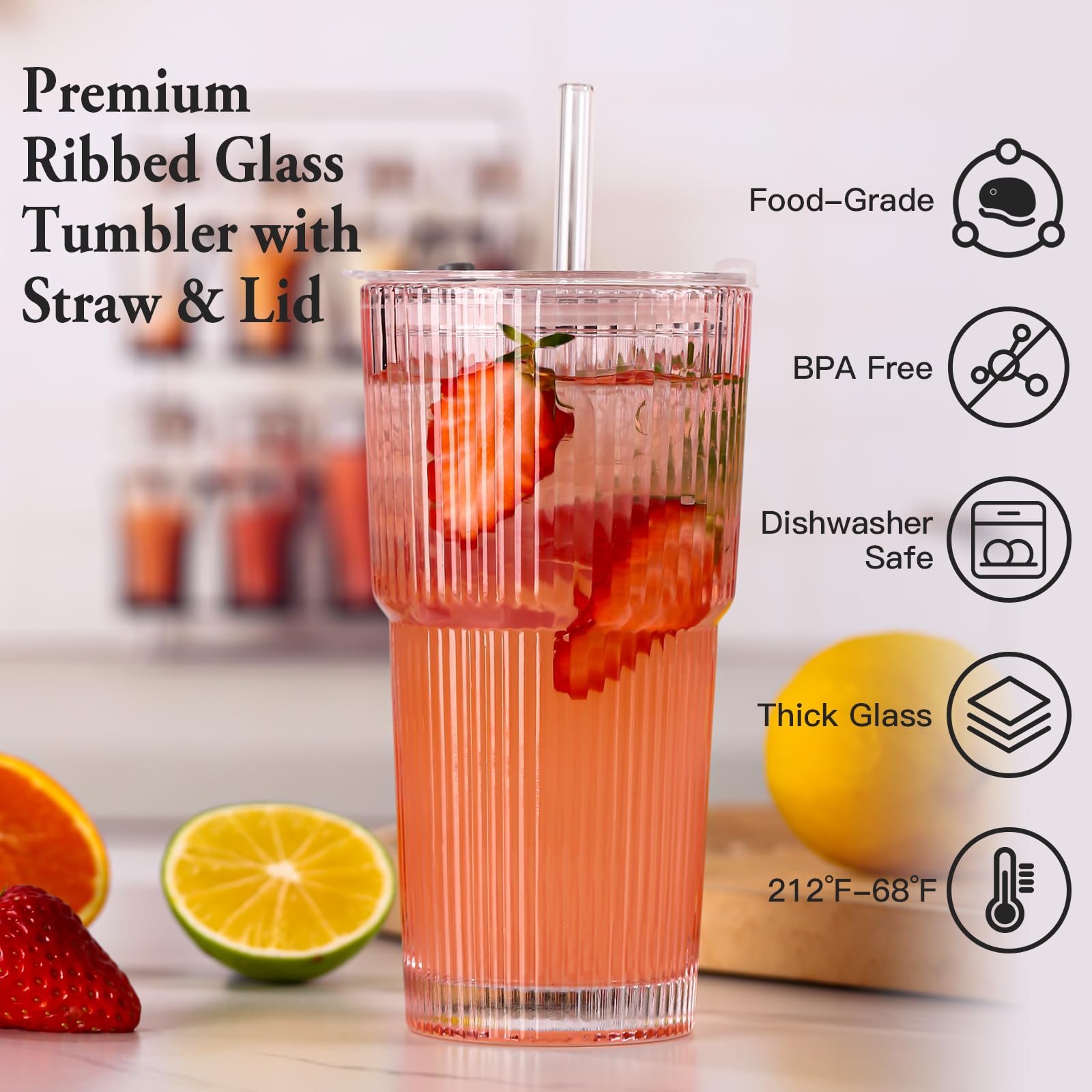 SIPBYSOP 4PCS Ribbed Glass Cups with Lids and Straws, 20oz Vintage Drinking Glasses, Aesthetic Iced Coffee Cups, Glass Tumbler for Boba, Beer, Tea, Cocktails, Ribbed Glassware Set,Pink