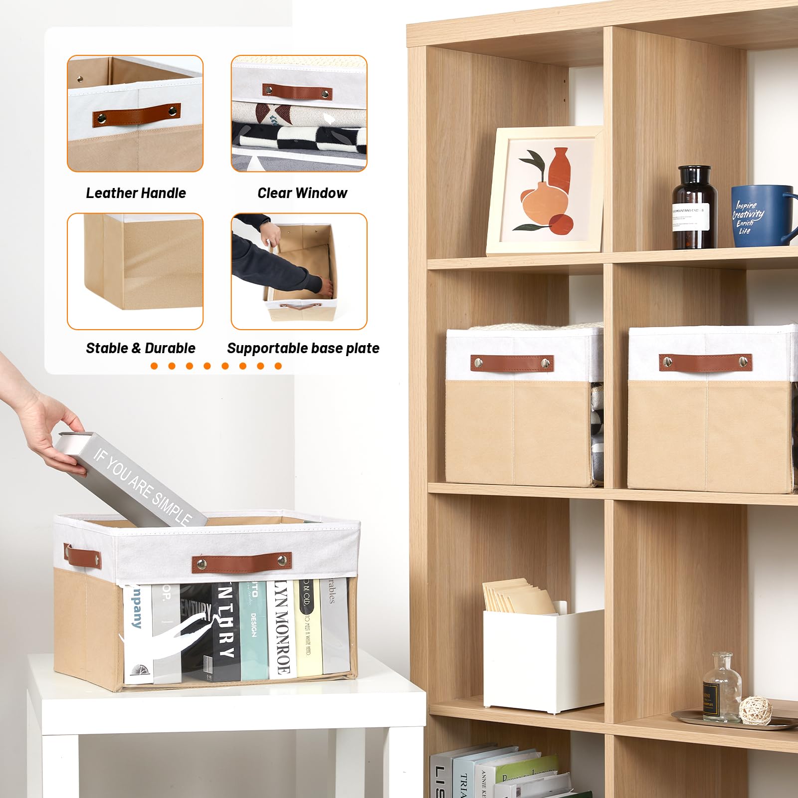 HNZIGE Large Storage Bins with Clear Window, Collapsible Fabric Storage Bins 3 Pack, Linen Closet Organizers for Clothes Shelves, Foldable Storage Baskets for Organizing Toy(White Beige 15 x 11 x 9.5)