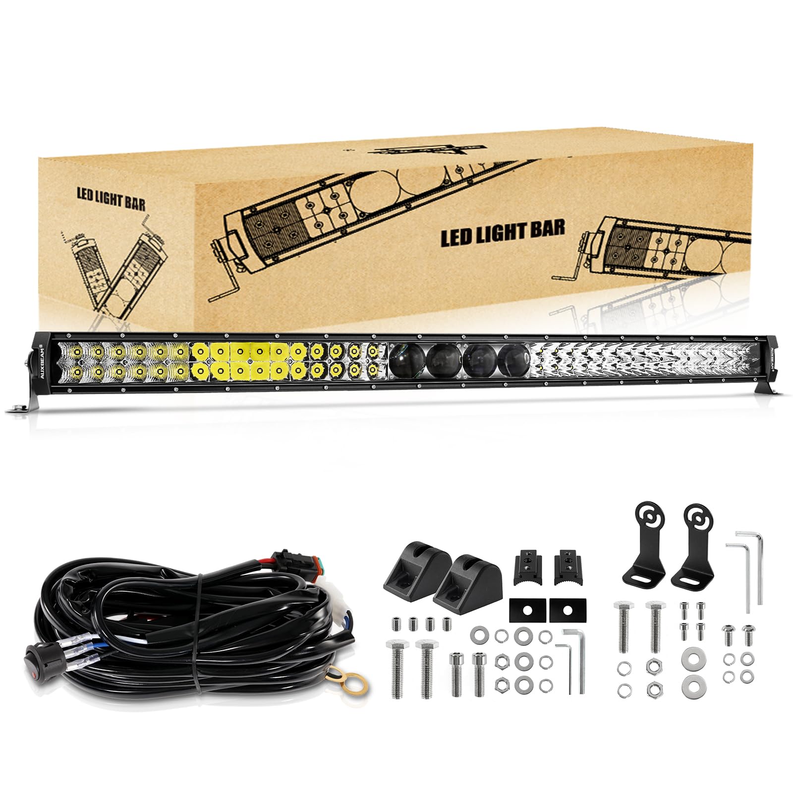 Auxbeam 42 Inch 360W LED Light Bar, 5D Pro Series Dual Row Spot Flood Combo Off Road Lights, 44000LM Driving Off Road Lights with 10FT Wiring Harness Kit for Jeep SUV UTV ATV Pickup Truck