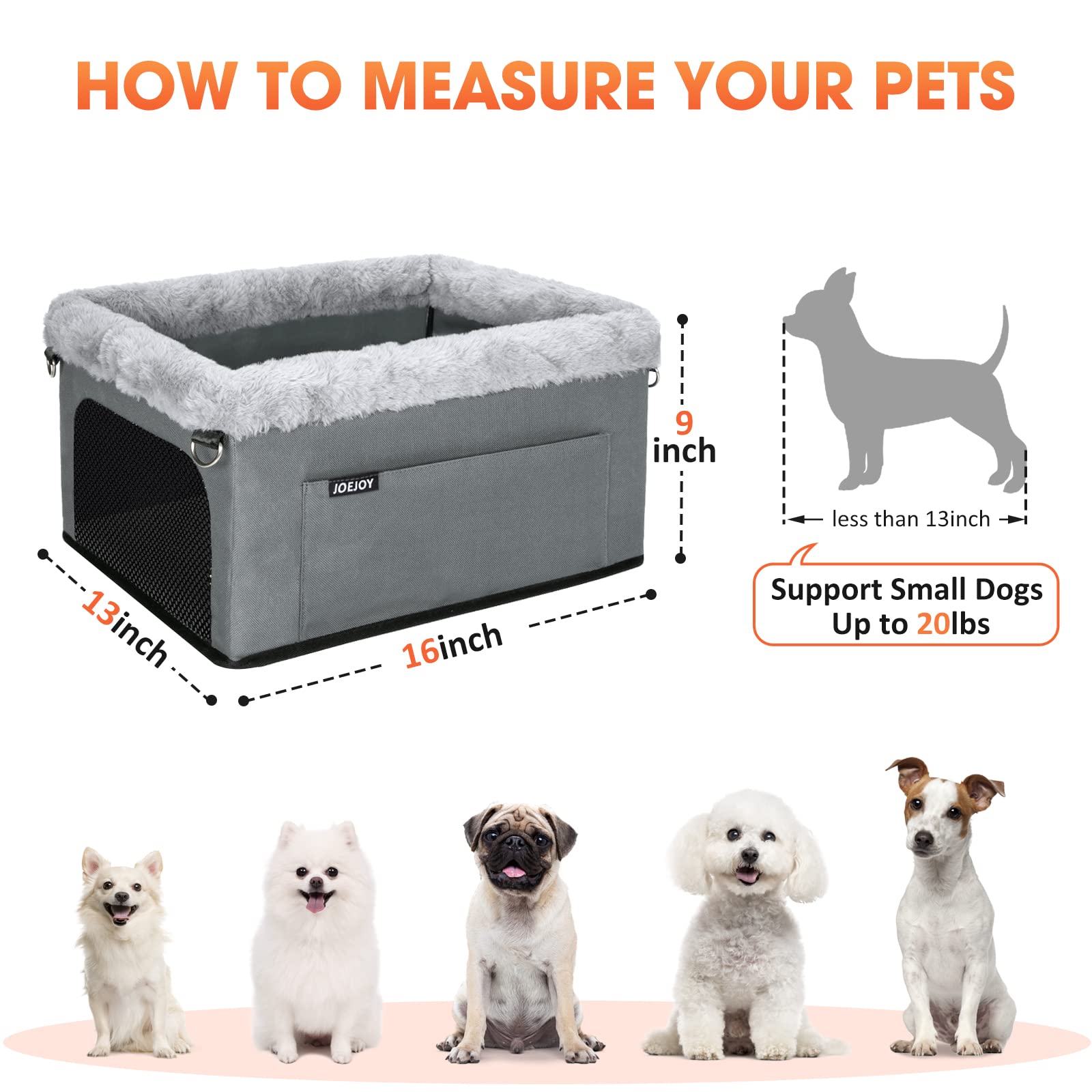 JOEJOY Deluxe Dog Booster Seat with Sturdy Metal Frame and Safety Leash for Small Pets up to 20 lbs - Portable Puppy Dog Car Seat with Thick Cushion and Storage Pockets for Small Dogs