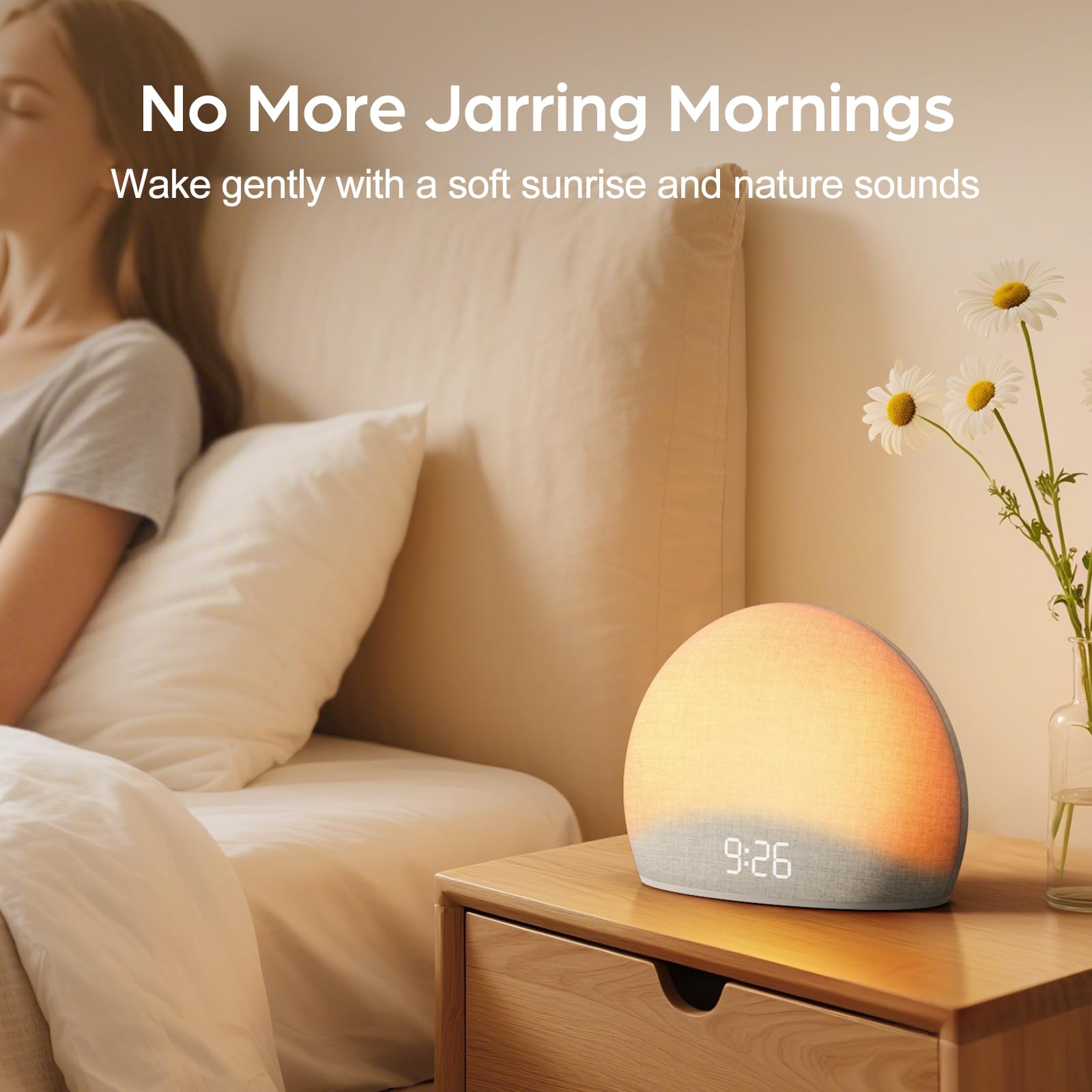 HOUSBAY Sunrise Alarm Clock, White Noise Sound Machine for Bedroom | Natural Wake-Up Light with Gentle Alarm Sounds, 20 Soothing Sleep Aids, Dimmable Display, Screen-Free Design