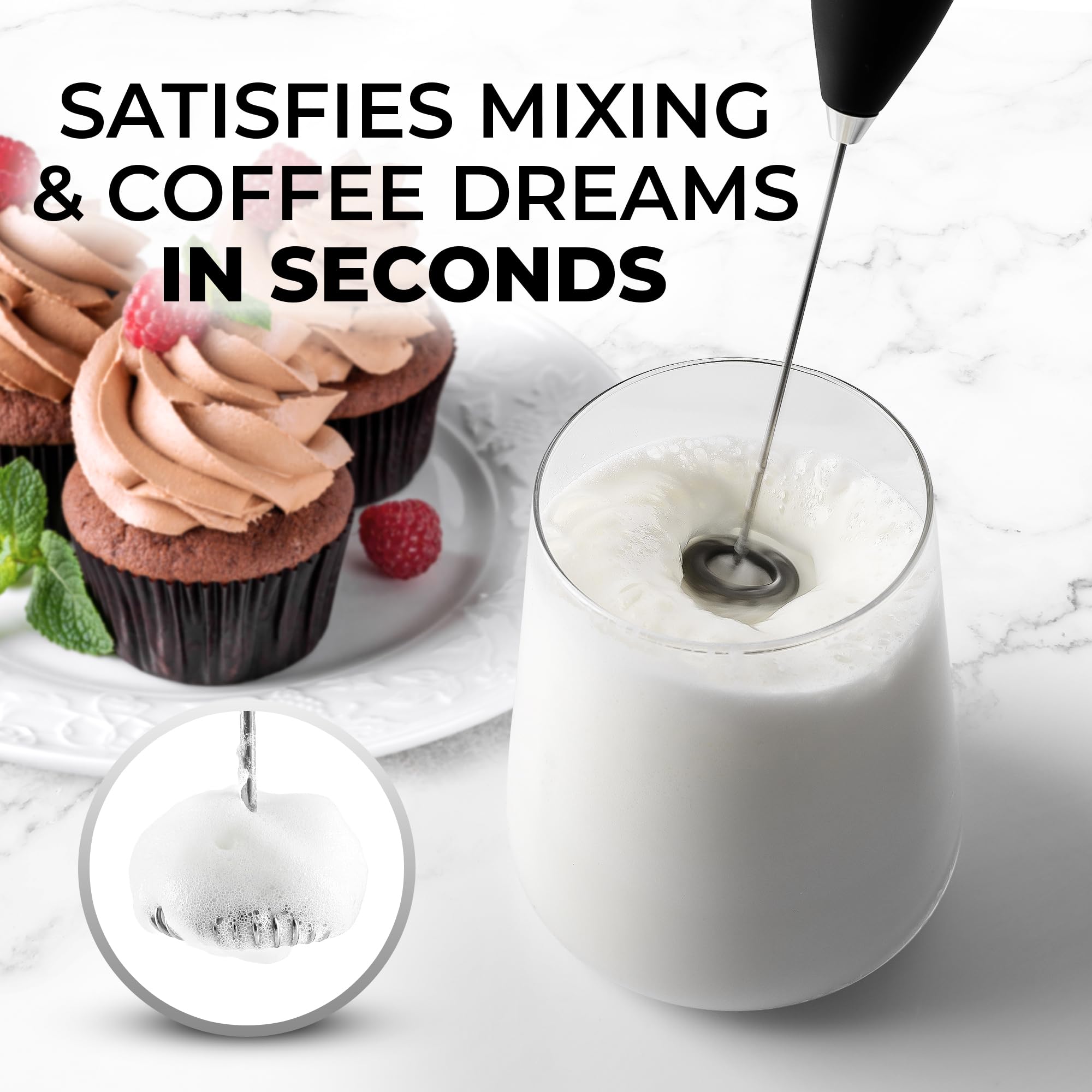 Zulay Kitchen Milk Frother Handheld Electric Whisk – Frother Wand, Durable Drink Mixer, Stainless Steel Whisk, Coffee Frother, Hand Blender, Frother for Protein Powder, Lattes, Matcha & More - Black