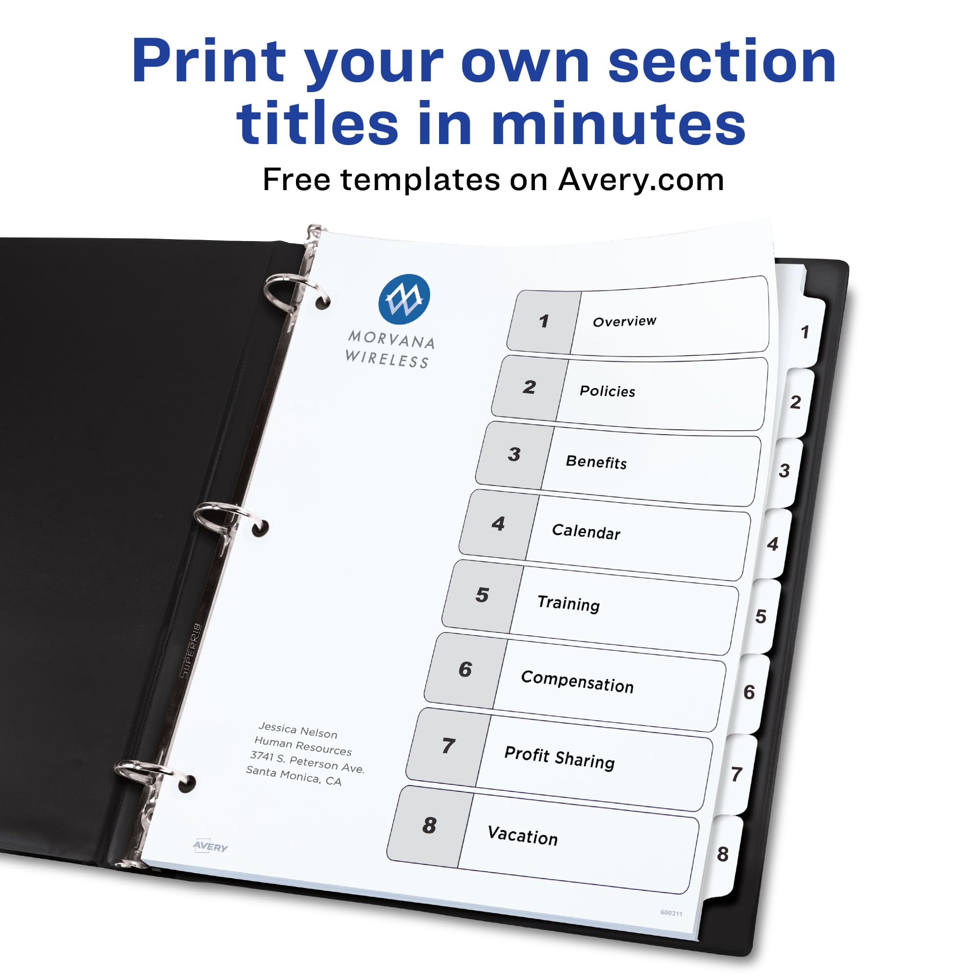 Avery 8 Tab Dividers for 3 Ring Binders, Customizable Table of Contents, Classic White Tabs, 6 Sets (11822)