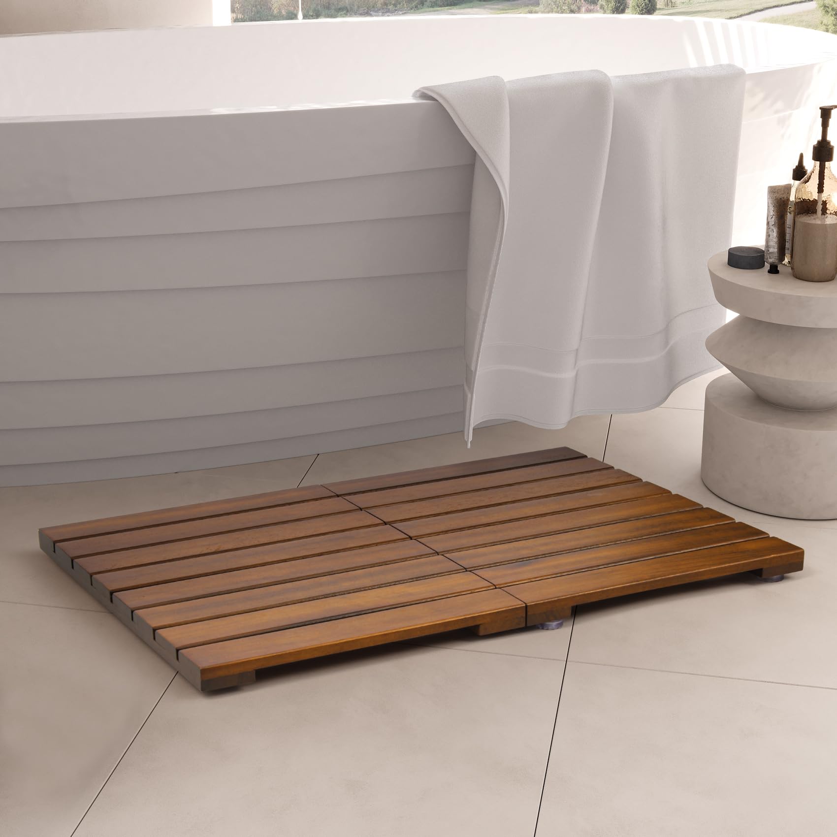 Smuxee Foldable Teak Wood Bath Mat, 23.2" x 16.2'' Shower Mat with Non-Slip, Wooden Floor Mat for Bathroom, Pool and Sauna