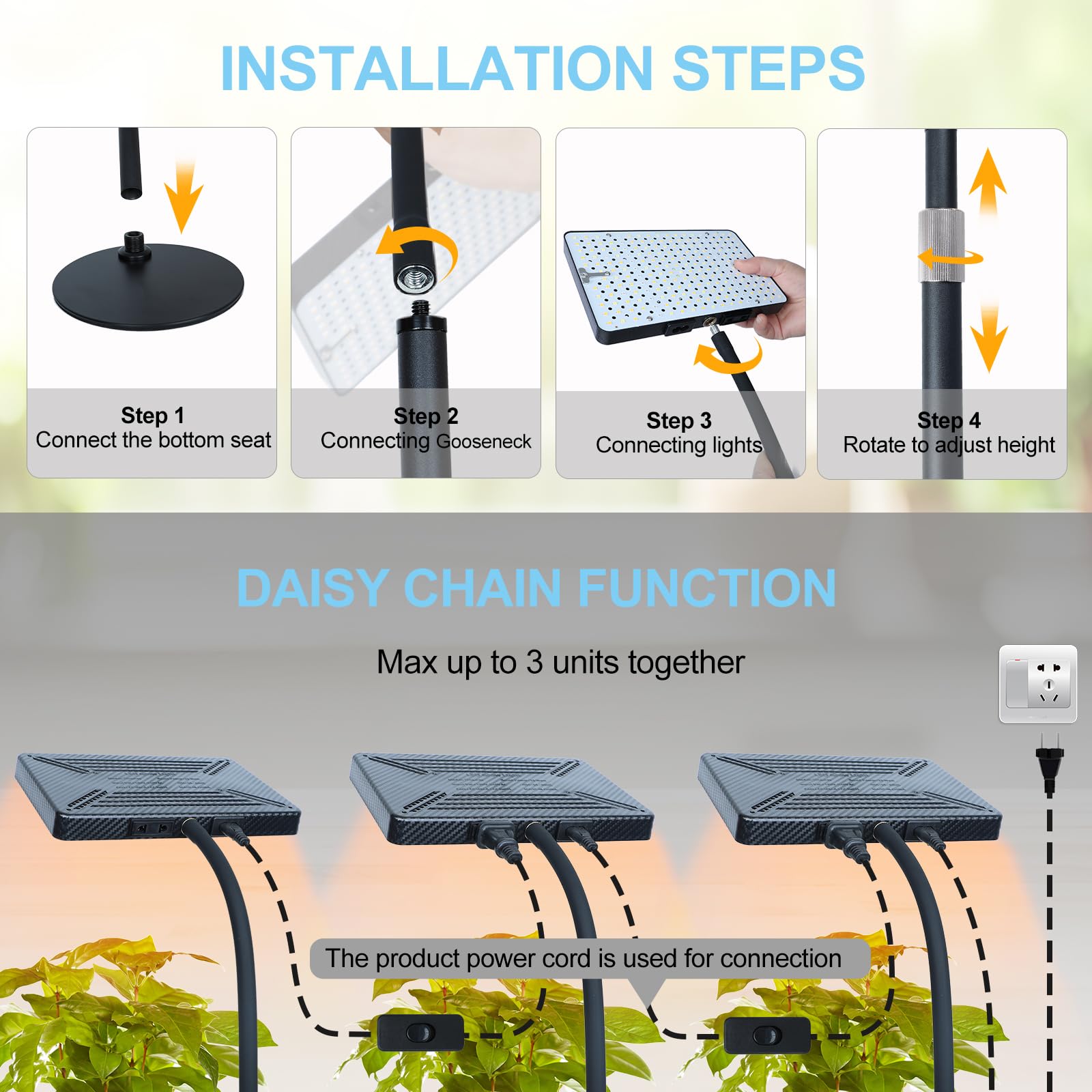 FRGROW Grow Lights for Indoor Plants Full Spectrum, 200W LED Grow Lights Table Top Plant Lights for Indoor Growing, 208 LEDs Desk Grow Lights for Seed Starting Seedlings, Daisy Chain, Dimmable Height