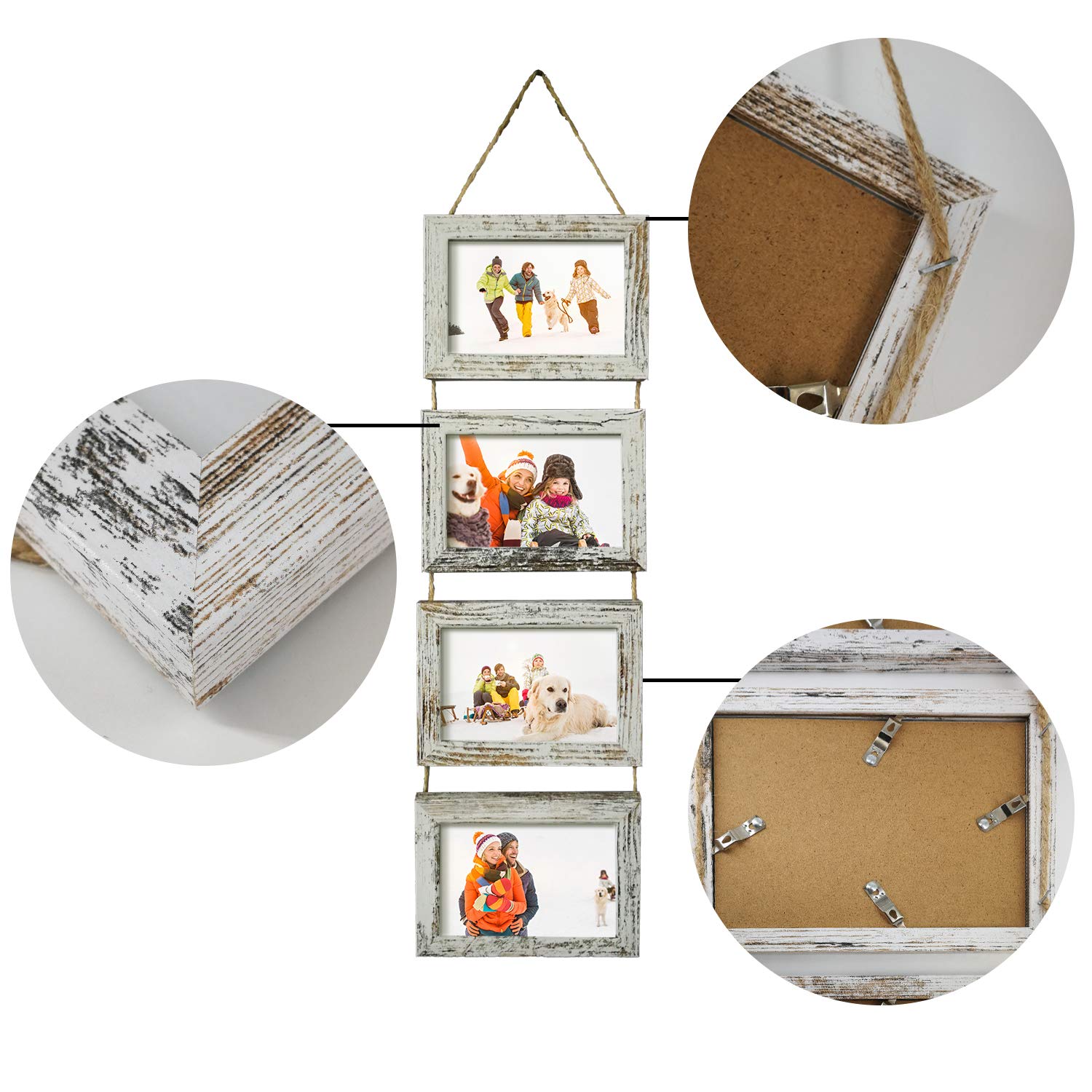 SESEAT 4x6 Wall Hanging Picture Frames Collage with 4 Opening Distressed White Frames
