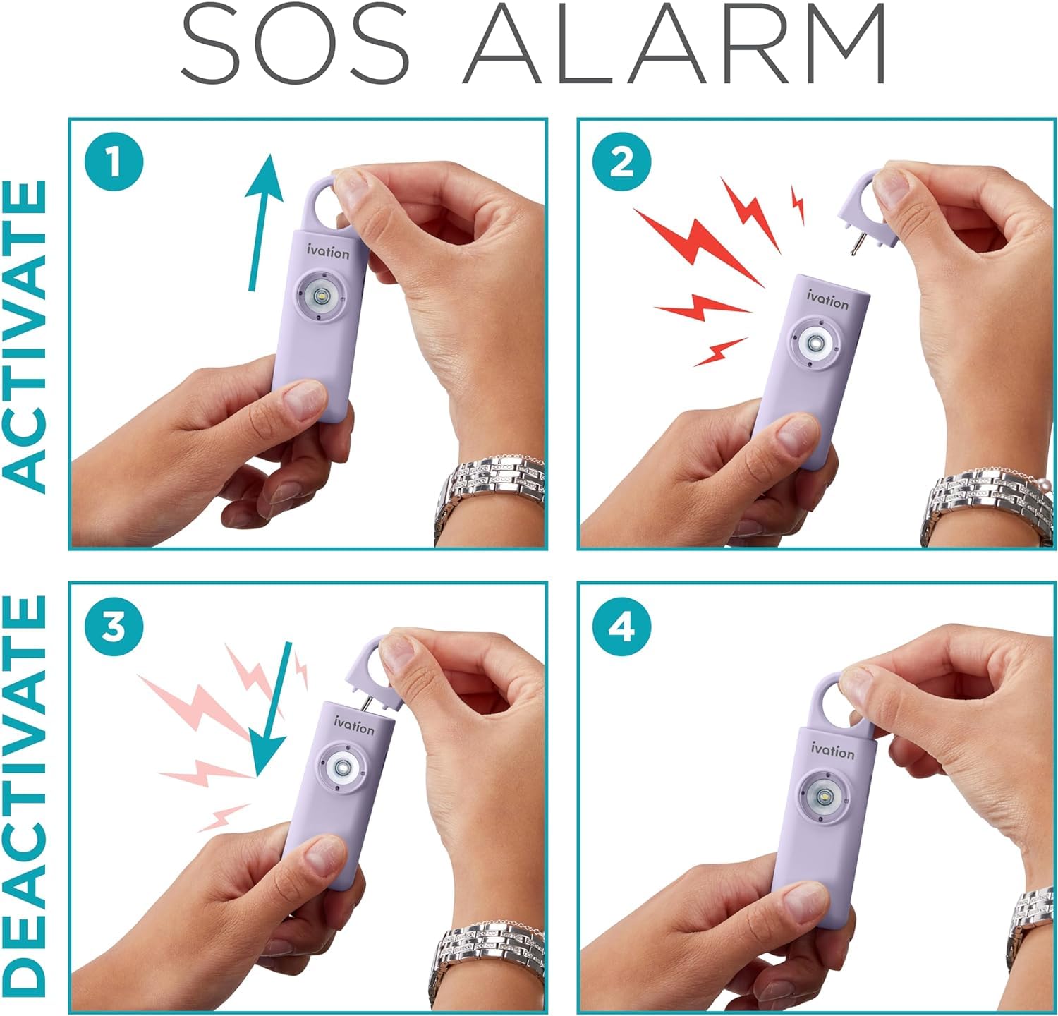 Ivation Personal Rechargeable SOS Alarm, Pocket Size Loud 130dB Sound Safety Siren & LED Panic Strobe Light with Carabiner Keychain Clip for Women, Children & Seniors, Lavender