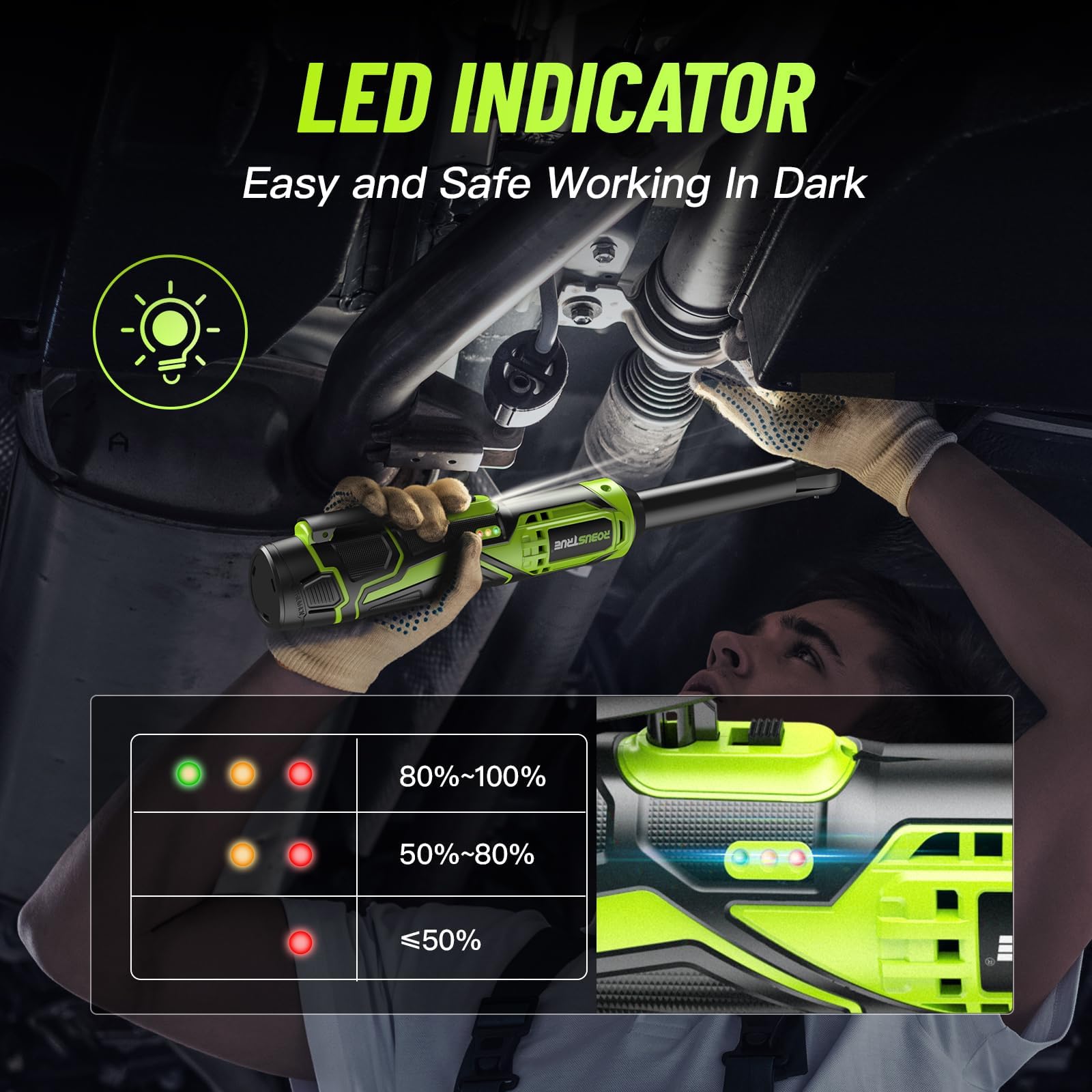 Robustrue 3/8" Cordless Ratchet Wrench, 6 inch Extended Ratchet Wrench, 40Ft-lbs 400RPM Cordless Ratchet, 2 Batteries Power Electric Ratchet Driver with Variable Speed, 7 Sockets, LED Light