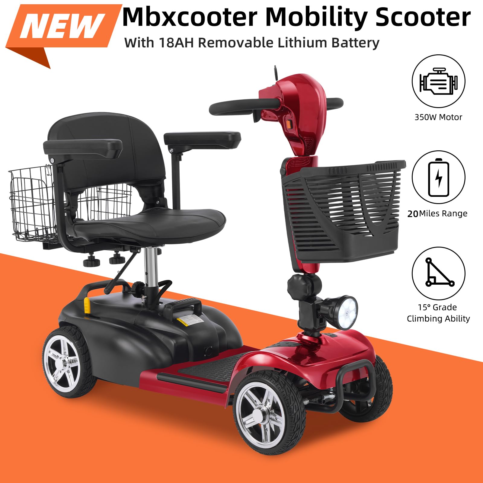 20 Miles 4 Wheels Mobility Scooter for Seniors/Adults Up to 300LBS,350W Electric Wheelchair Detachable Lithium Battery,Dual Baskets,Rotating Seat,with Taillight, USB Charging, Red 18AH