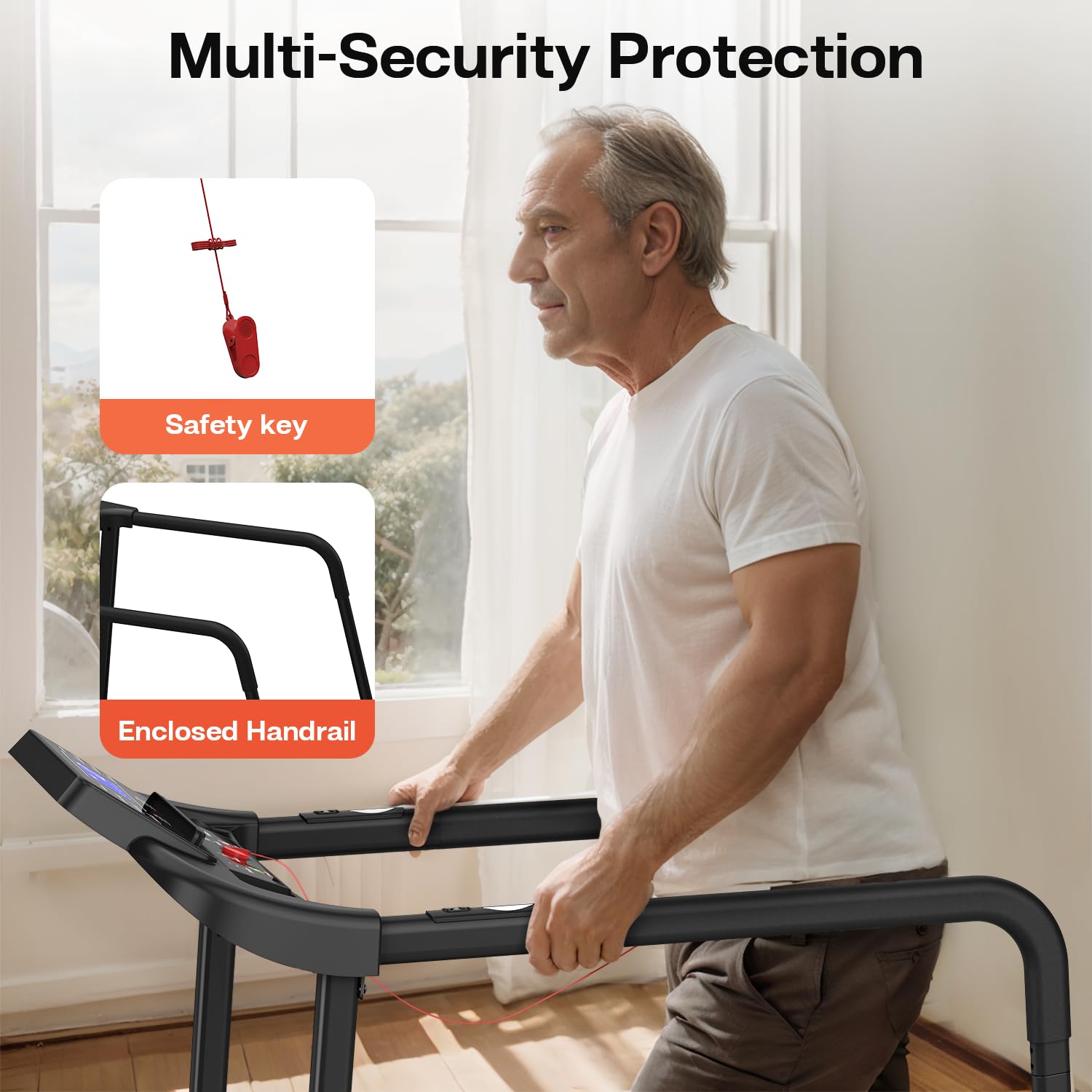 Walking Treadmill with Long Handrail for Balance, Recovery Fitness Exercise Machine Foldable for Home use with Holder for Phone & Cup,LCD Display, 300 lbs Capacity
