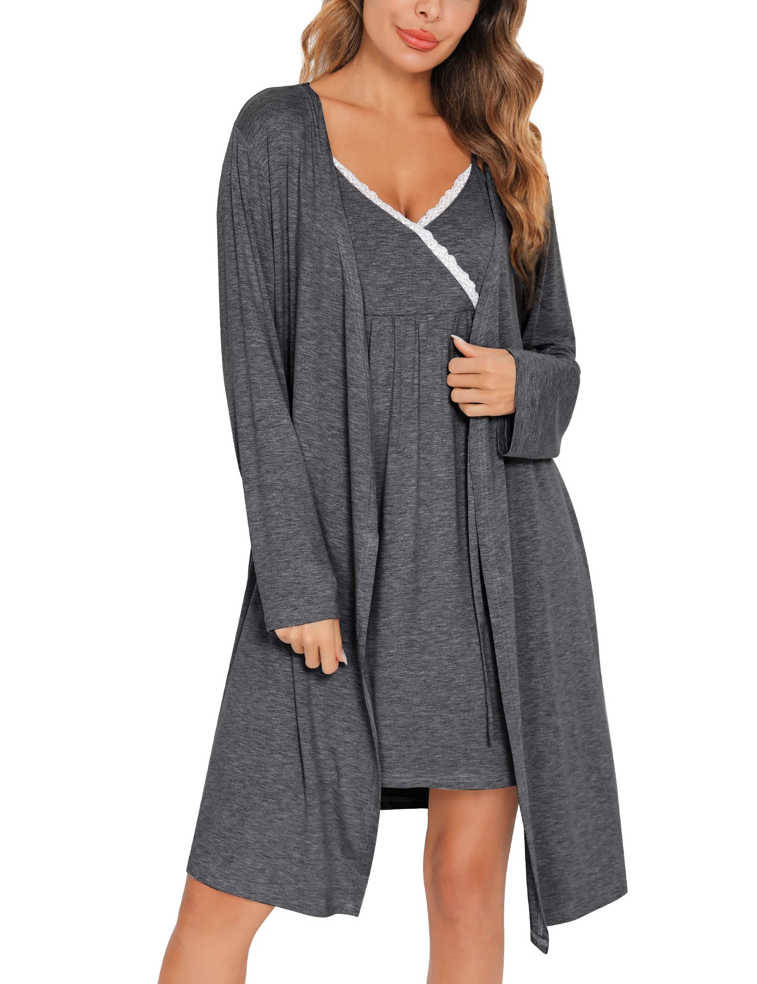 SWOMOG Womens Maternity Robe 2 Piece Nursing Nightgown for Breastfeeding 3 in 1 Labor Delivery Nursing Dress Lace Bathrobe