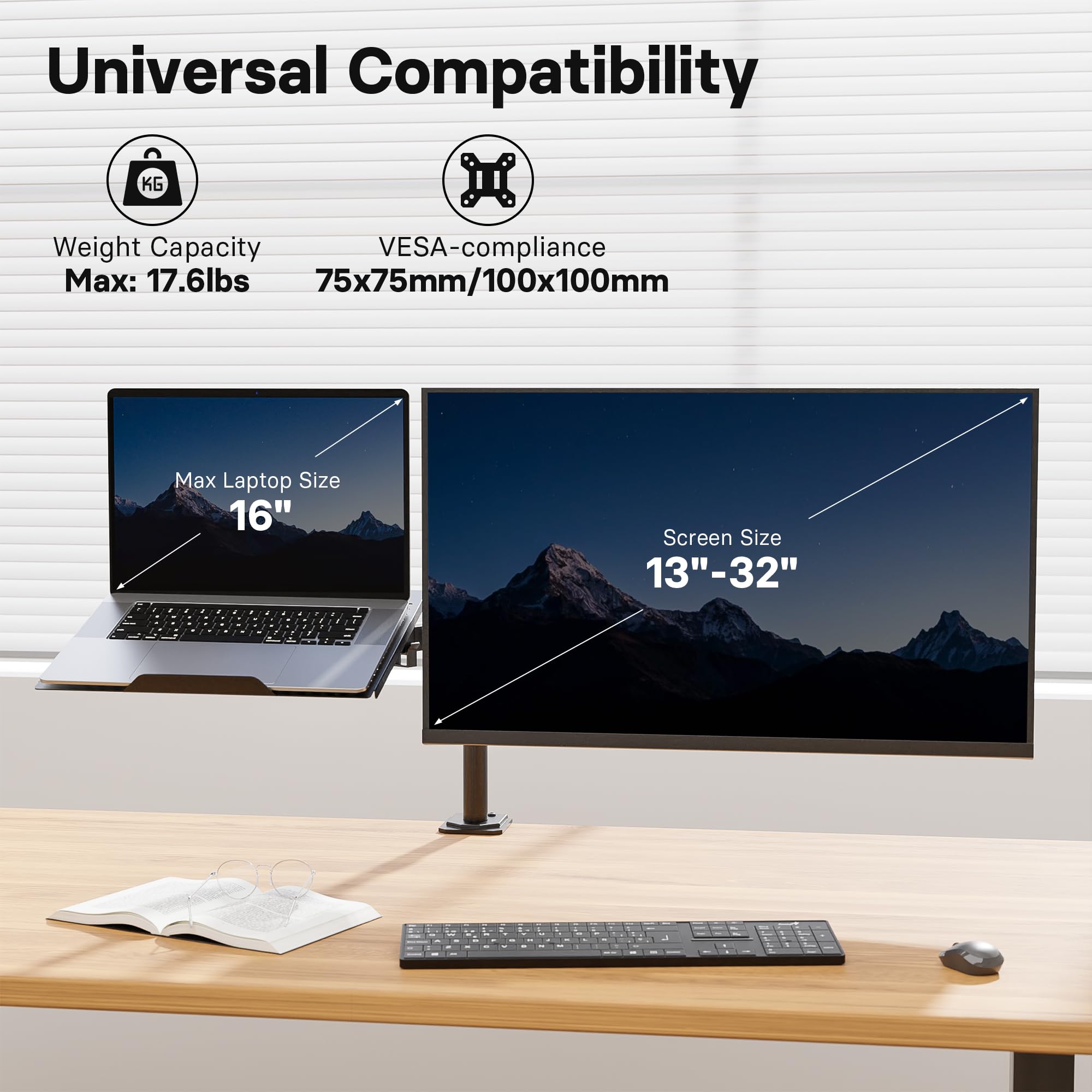 Redbat Monitor and Laptop Stand for 13-32 inch LCD LED Screens, Adjustable Monitor Mount with Laptop Tray Up to 16 inch Laptop/Notebook, Laptop Arm with VESA 75/100mm, 2 Mounting Options