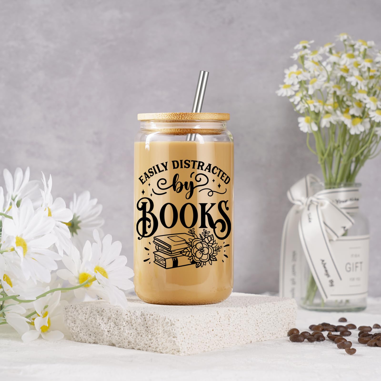 Coolife 16 oz Book Lovers Coffee Glass Cups Tumblers w/Lids Straws, Bookish Gifts for Women, Bookworm Gifts for Book Lovers Club, Librarian Stuff, Readers Accessories, Christmas Birthday Reading Idea