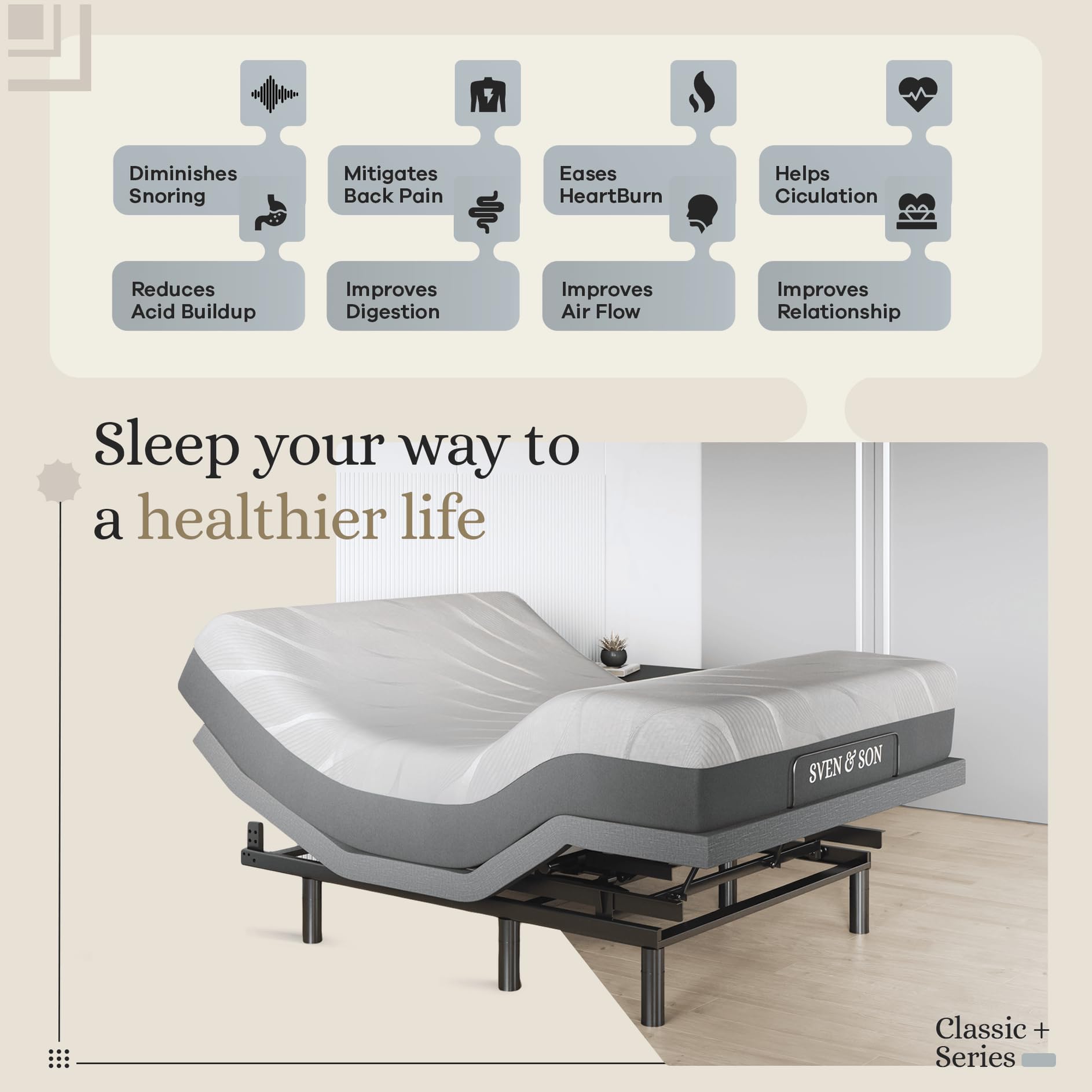 Sven & Son Harmony Adjustable Bed Base, Head and Foot Lift, Massage, Under-Bed Lights, USB, Gel Memory, Zero Gravity Smart Frame - Full + 12 inch Memory Foam Matt (Medium)