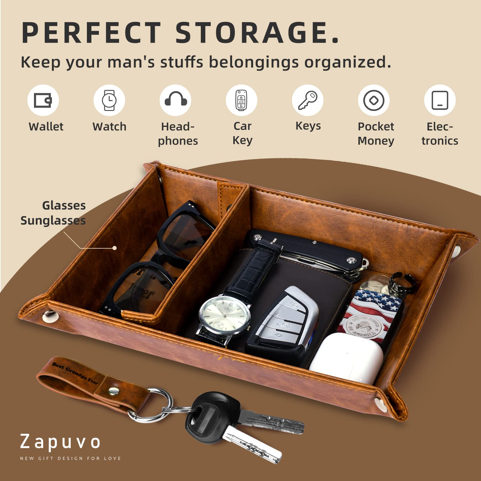 ZAPUVO Best Grandpa Ever PU Leather Tray and Keychain, Unique Grandpa Gifts for Christmas Xmas from Grandchildren, Sentimental Gifts for Birthday for Grandpa from Granddaughter Grandson Fathers Day