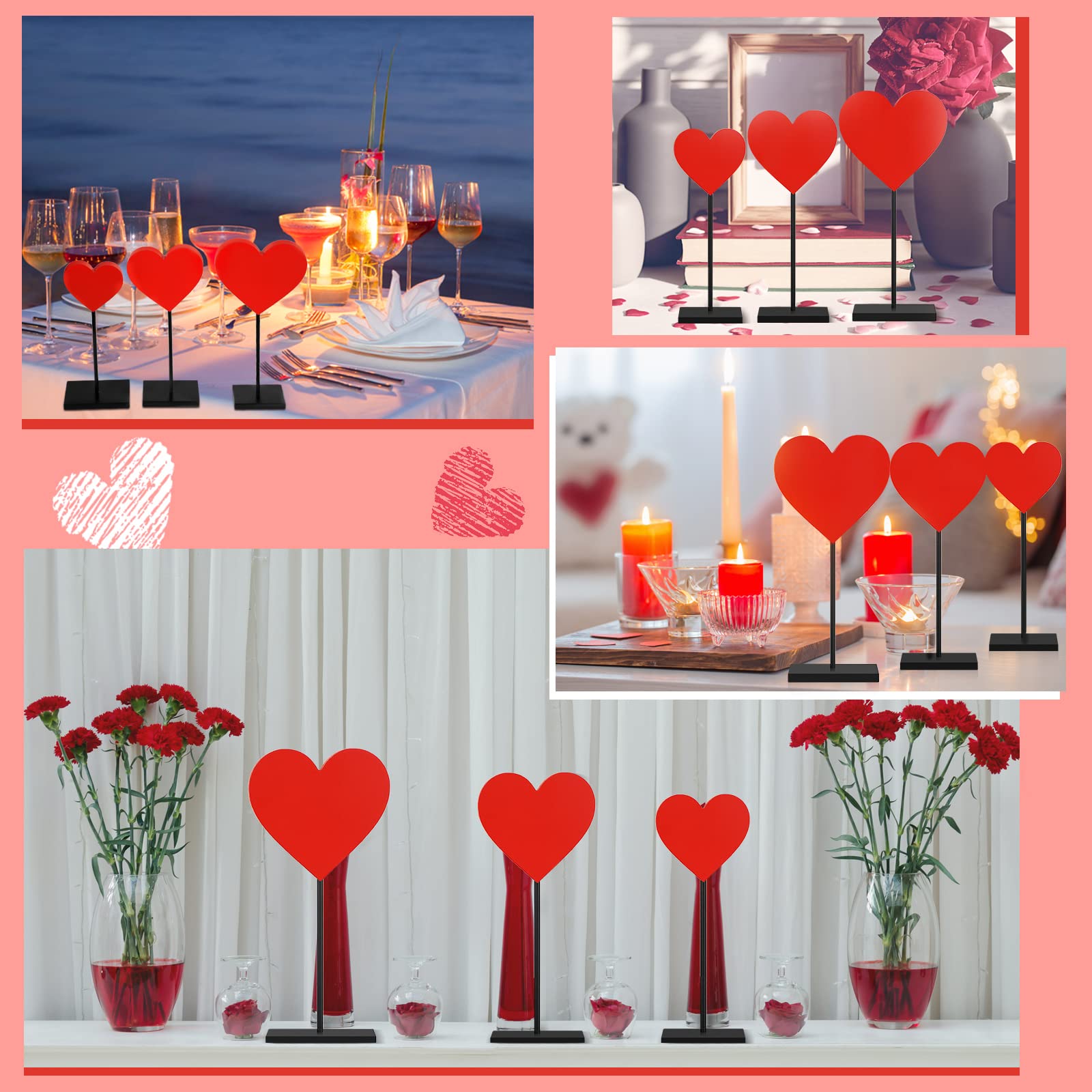 Spiareal 3 Pcs Valentine's Day Heart Wooden Sign Heart Shape Tall Standing Table Sign Love Decor Valentine's Day Wooden Signs for Home Farmhouse Table Centerpiece Decorations(Classic)