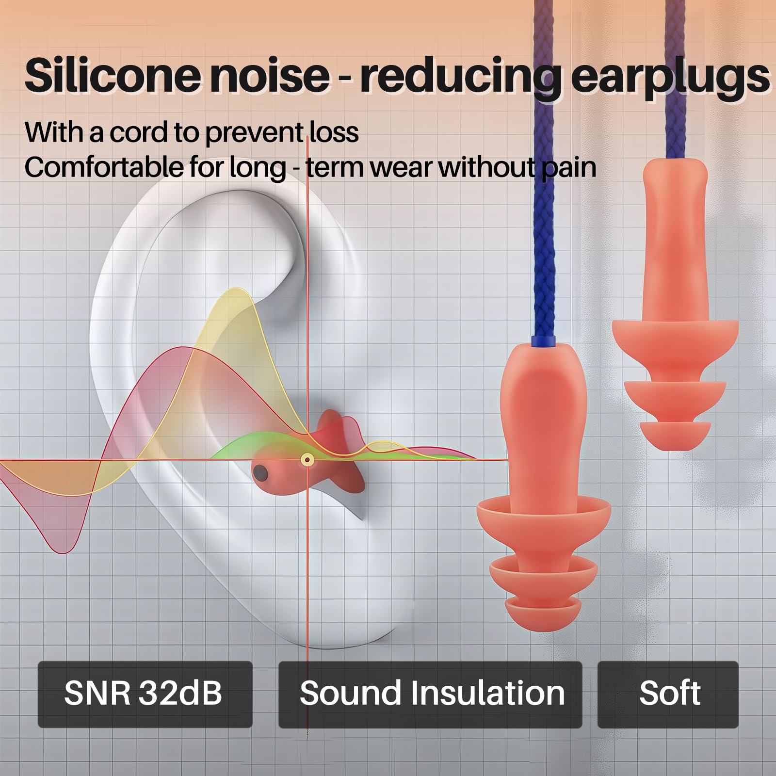 GOL-SIV 100 Pairs Silicone Corded Ear Plugs SNR 32dB - Reusable Noise Reduction Earplugs with String,Individually Wrapped,for Work & Construction Site,Orange