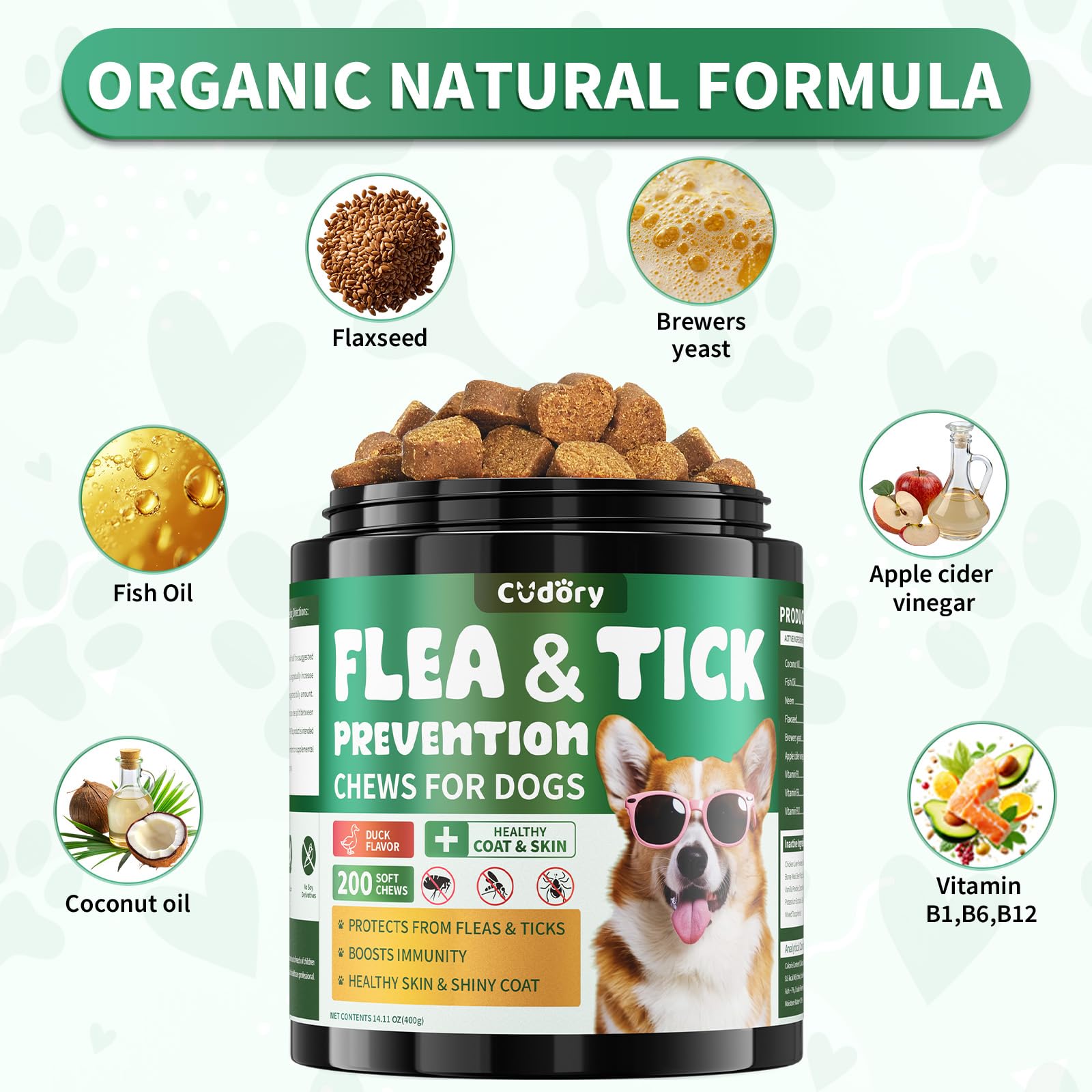 Flea and Tick Prevention for Dogs Chews – 200 Soft Chews, Dog Flea Chewables with Skin & Coat Support – Oral Supplement for All Breeds & Ages – Natural Duck Flavor