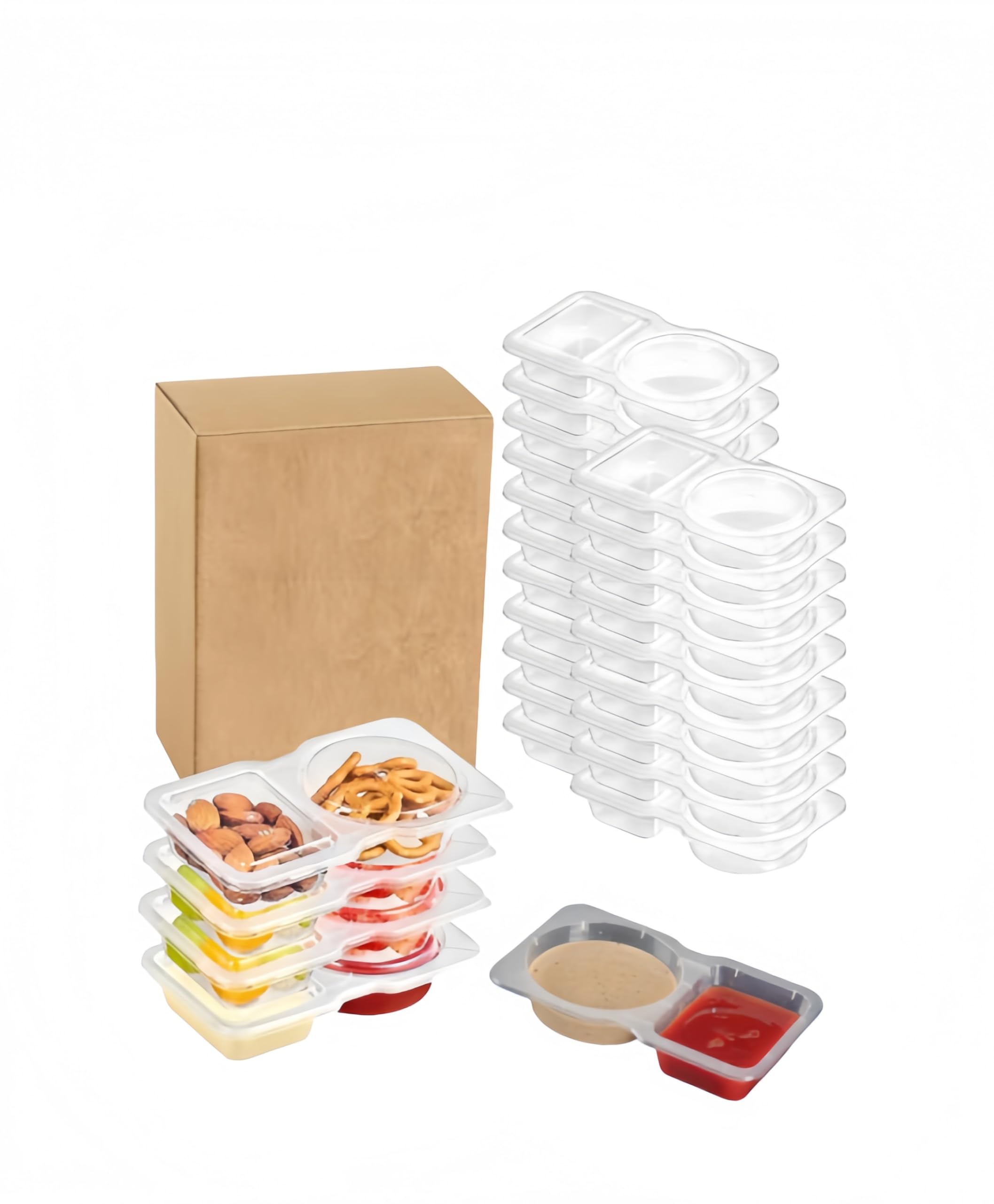 20-Pack Snack Containers with Lids, Disposable Double Compartment Sauce Cups, Portable Plastic Boxes for Snacks, Dips, Meal Prep, Portion Control, School, Office, Camping & Travel