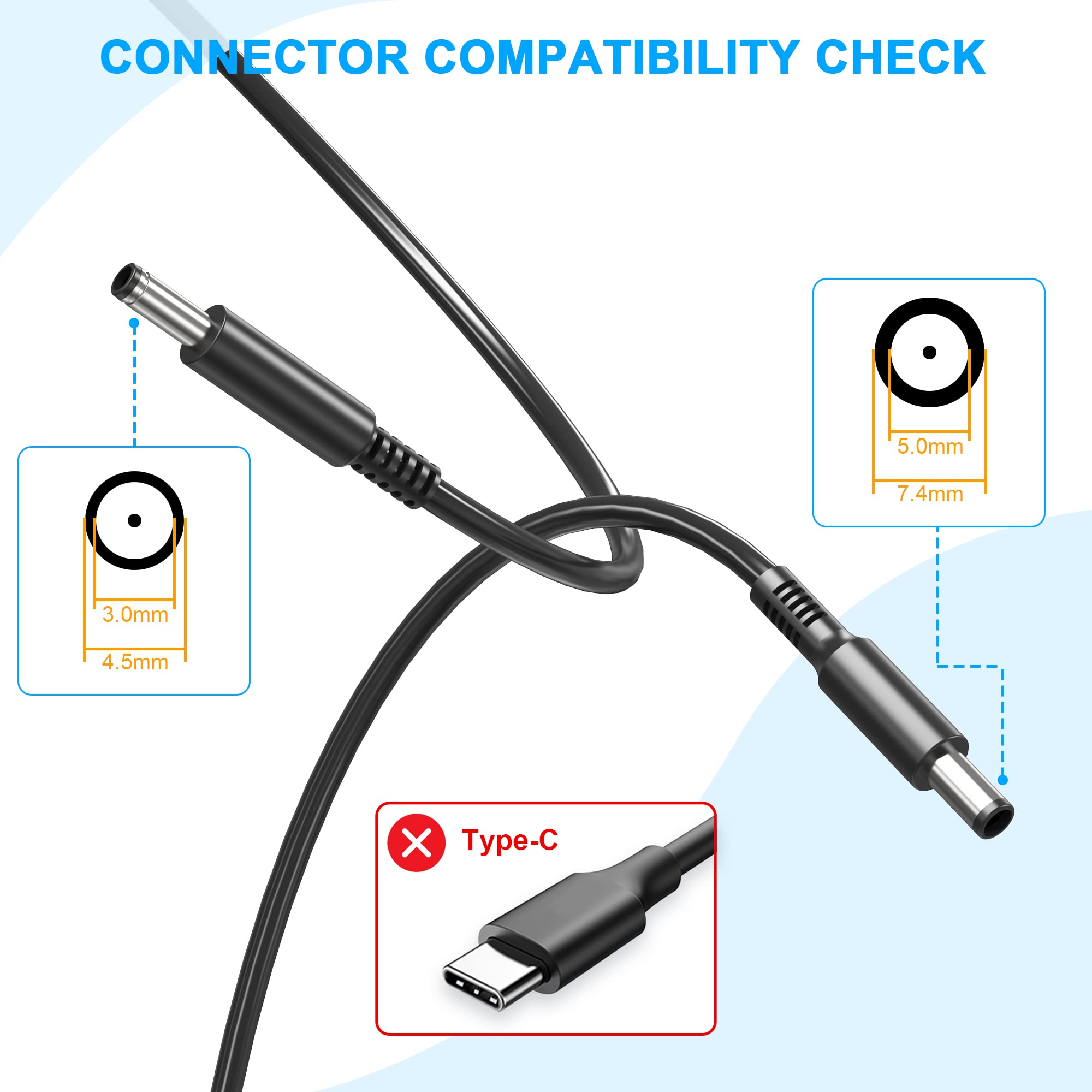 65W 45W 2 Tips Charger for Dell Laptop Charger,Replacement for All 65W 45W Dell inspiron 13 14 15 17 3000 5000 7000 Series laptops Round Connects Chargers(7.4mm and 4.5mm)