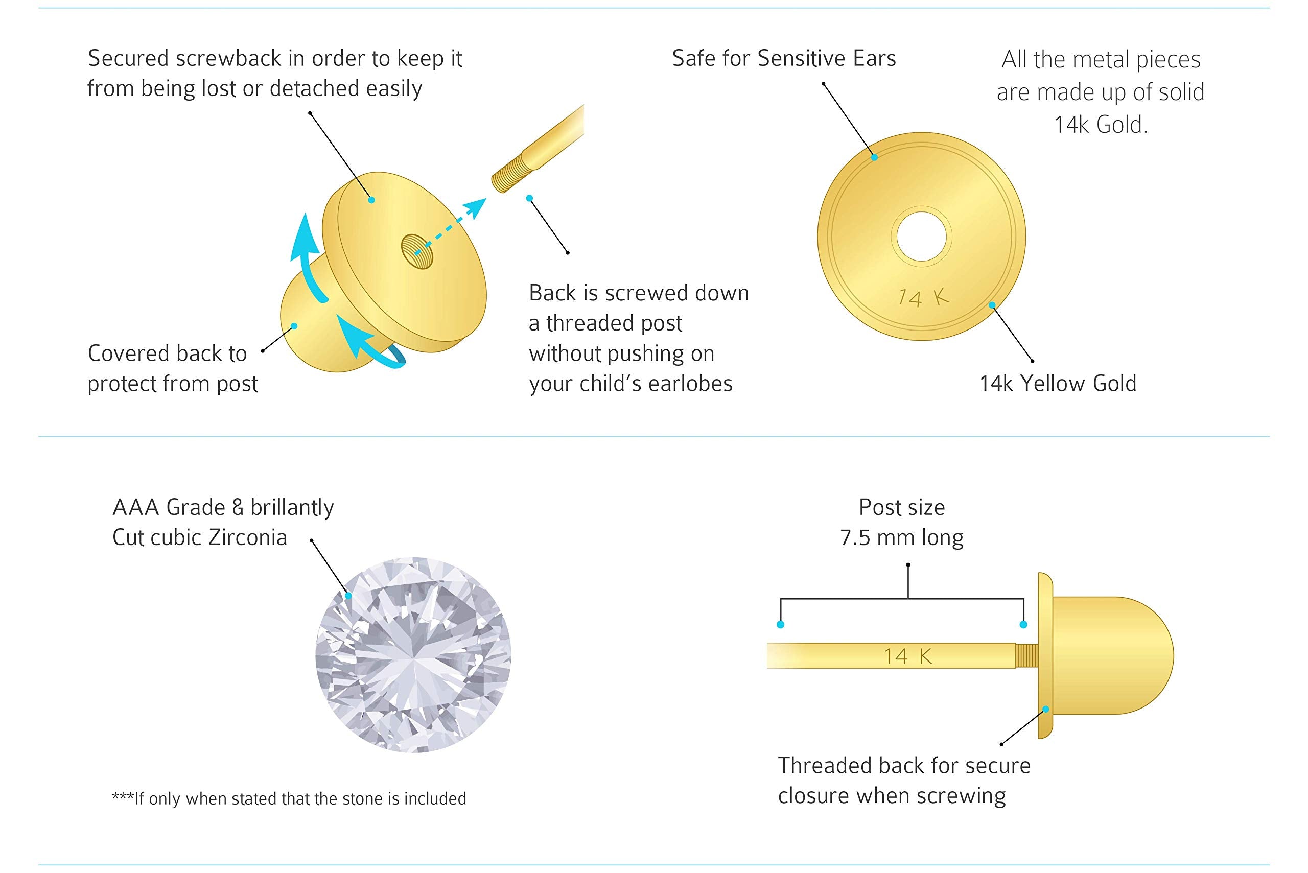 14k Yellow Gold 4mm Basket Round Solitaire Cubic Zirconia Children Screw Back Baby Girls Earrings