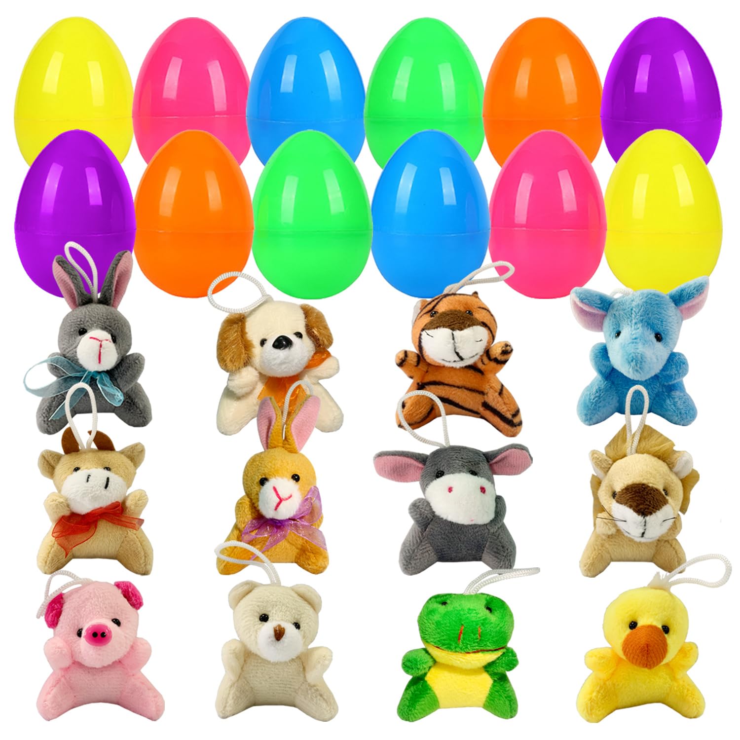 JIALWEN 12 Pack Filled Easter Eggs with Plush Animal, Easter Basket Stuffers Plastic Easter Eggs Prefilled Surprise Plush Toys Easter Gifts Hunt Party Favors for Toddler Boys Girls