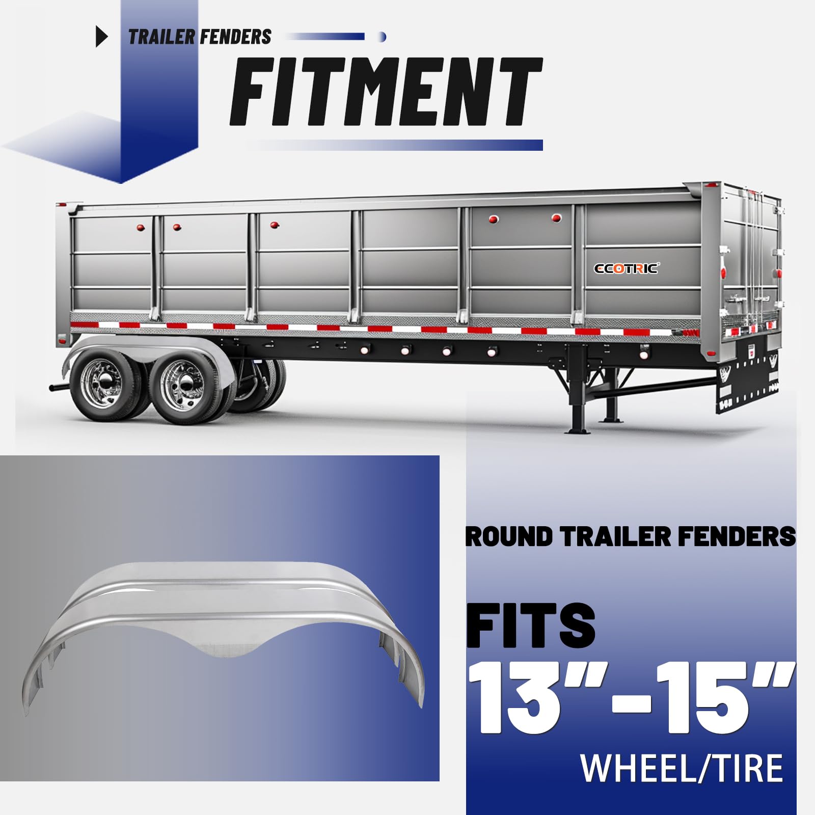 ECOTRIC 2Pcs Tandem Trailer Fender Double Axle Compatible with 13-15 Inch Wheels Teardrop Pair Enclosed Trailers 9" x 66" x 19.5" - Cold Rolled Steel
