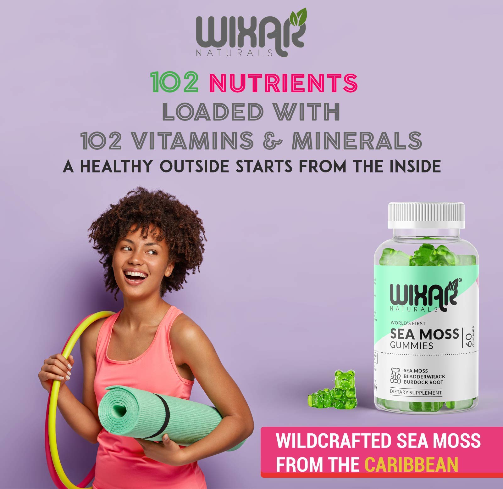 WIXAR NATURALS Sea Moss Gummies - Natural Irish Sea Moss and Bladderwrack with Burdock Gummy - 60 Gummies - Vegan - Healthy Immune, Gut & Overall Wellness Support - Herbal Alkaline Supplements
