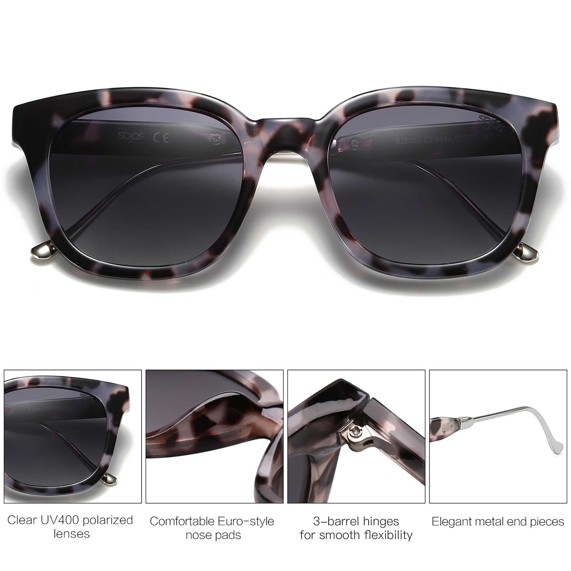 SOJOS Classic Square Polarized Sunglasses Womens Mens Retro Trendy UV400 Sunnies SJ2050, Black Tortoise/Grey