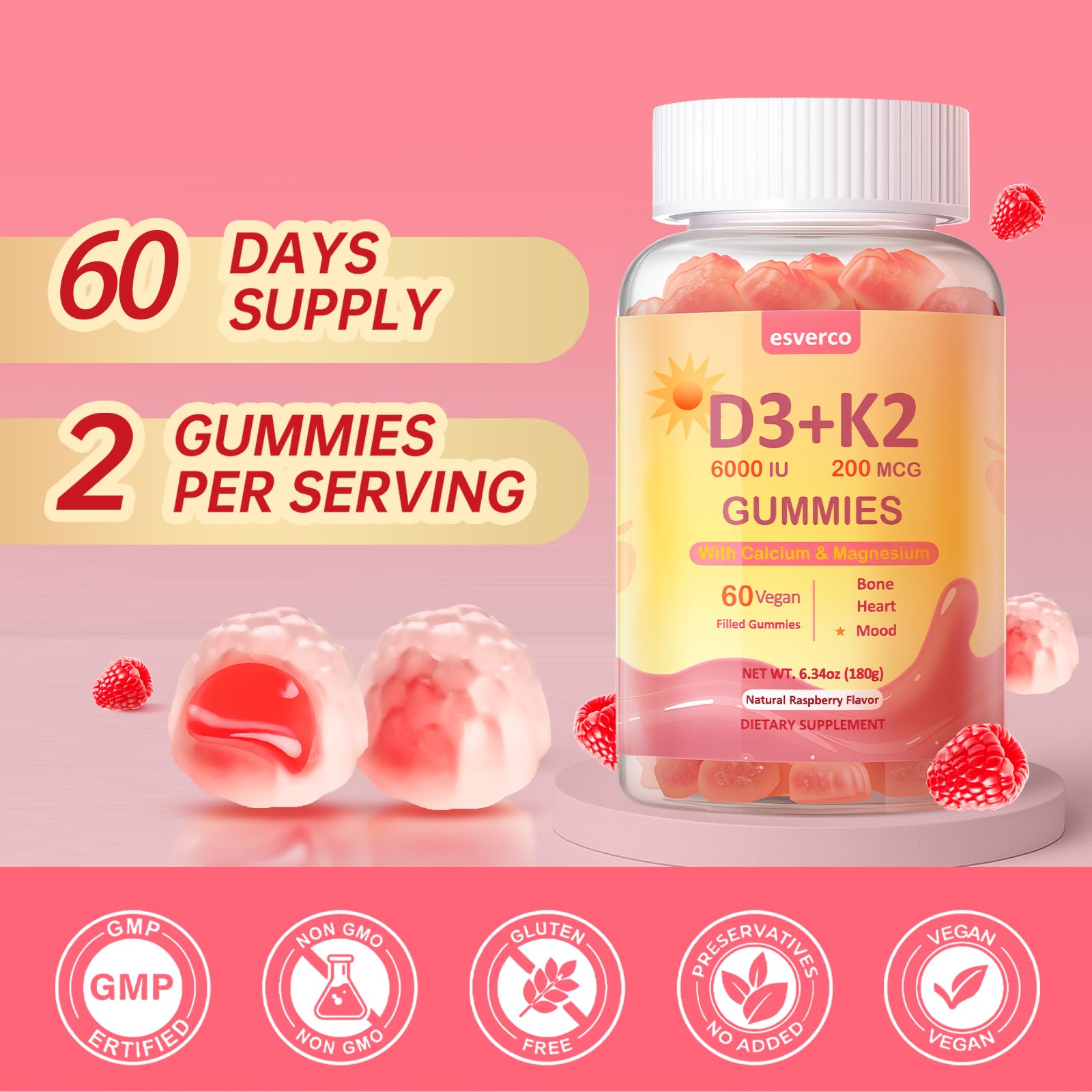 esverco Vitamin D3 K2 Gummies, 6000 IU Vitamin D3 + 200 mcg K2 (MK-7) with Calcium, Magnesium Glycinate, Extra Strength, High Absorption for Bone, Muscle, Teeth, Vegan, Raspberry Flavor, 120 Count