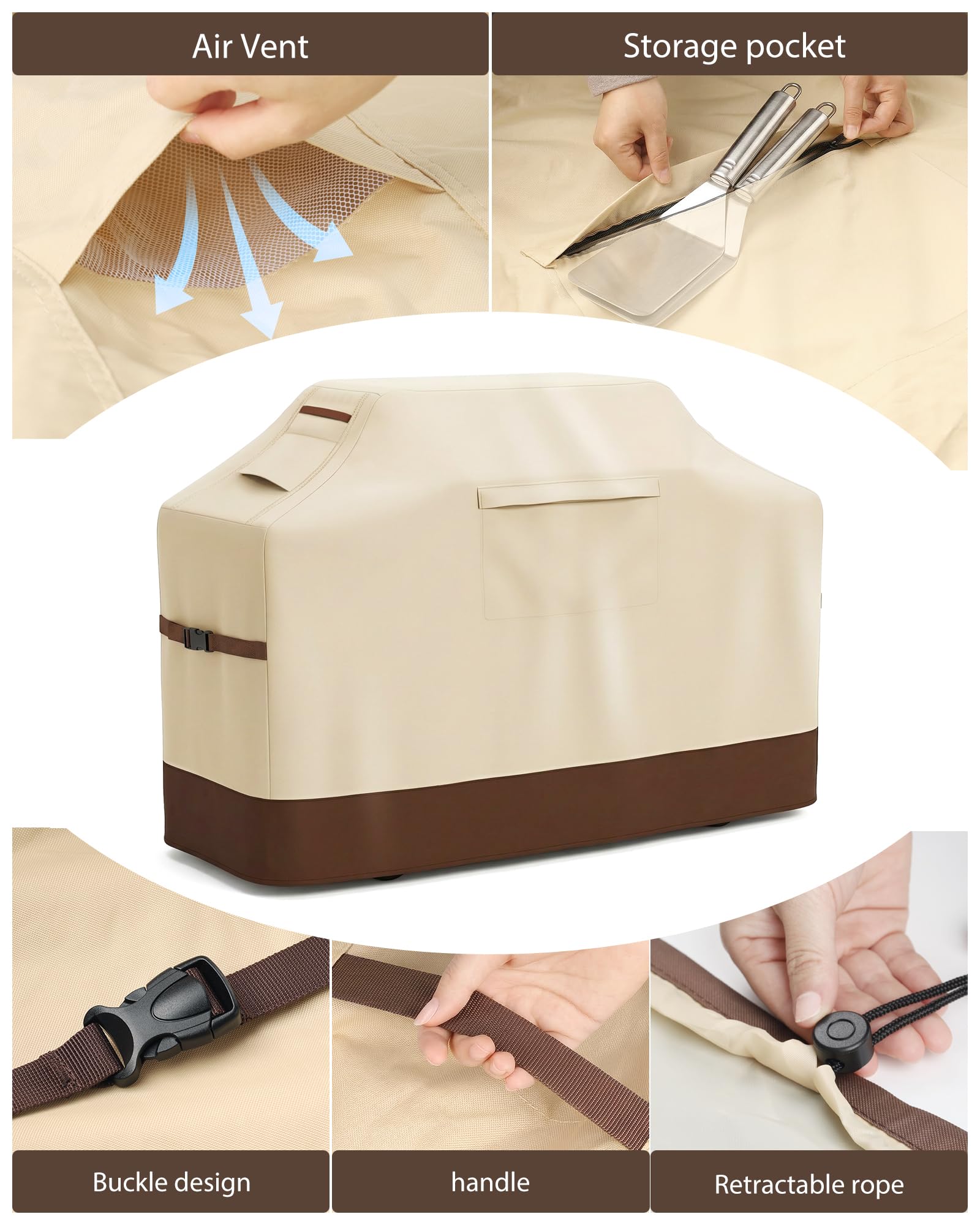 Vailge Grill Cover for Outdoor Grill, 58-inch Waterproof BBQ Cover,600D Heavy Duty Gas Grill Cover, UV & Dust & Rip & Fading Resistant,Suitable for Weber, Brinkmann, Char Broil Grills and More,Beige