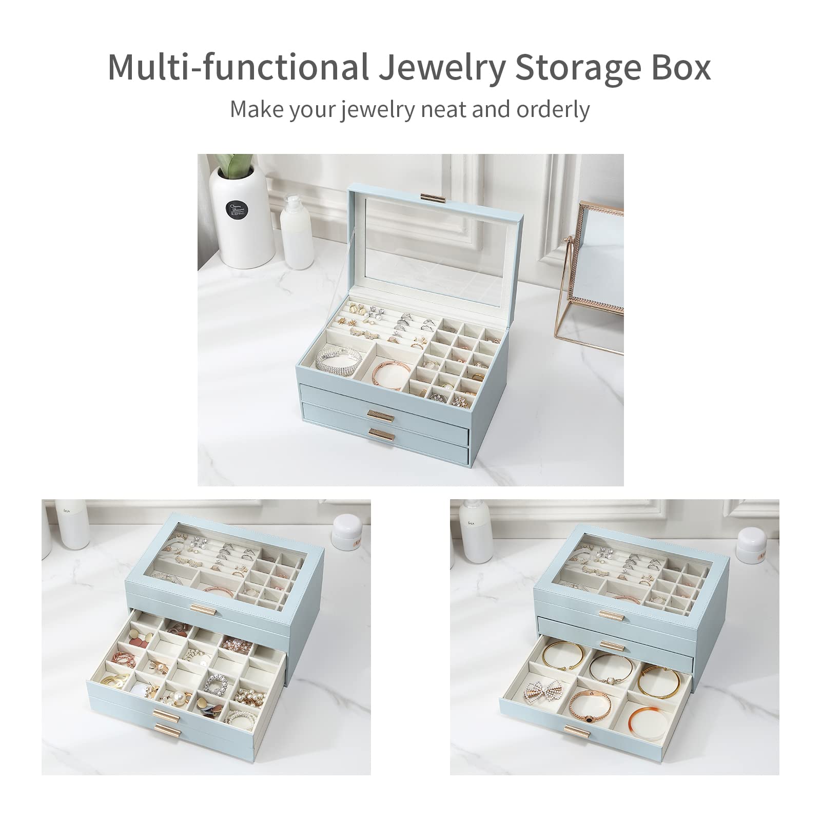 CASEGRACE Jewelry Box for Women, 3 Layer Double Drawer Jewelry Organizer Clear Lid, Large Jewelry Display Case for Necklace Bracelet Earrings Rings Storage for Dresser, Blue