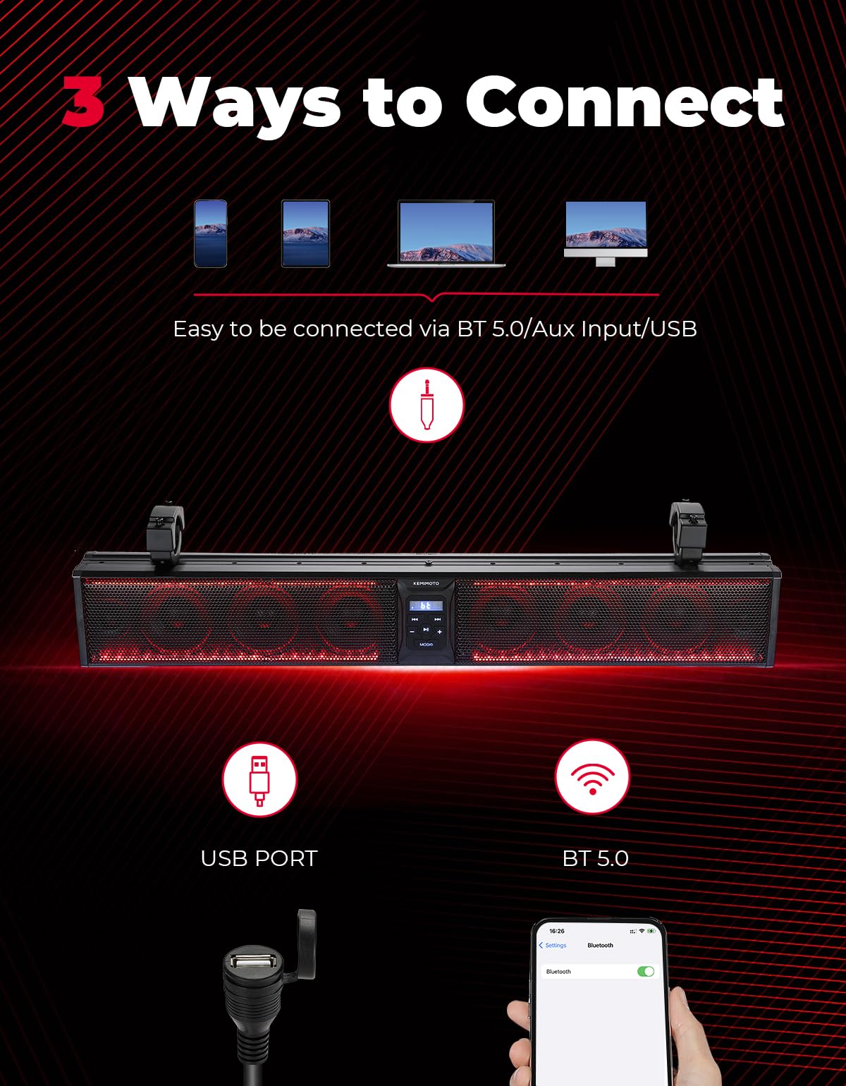 KEMIMOTO 33 inch 8 Speaker Louder UTV Sound Bar Waterproof Bluetooth, Heavy-Duty Aluminum, Music Sync Multicolor Light SXS Speakers, Soundbar for UTV Golf Cart Marine Boat with 1.75''-2.25'' Roll Bar