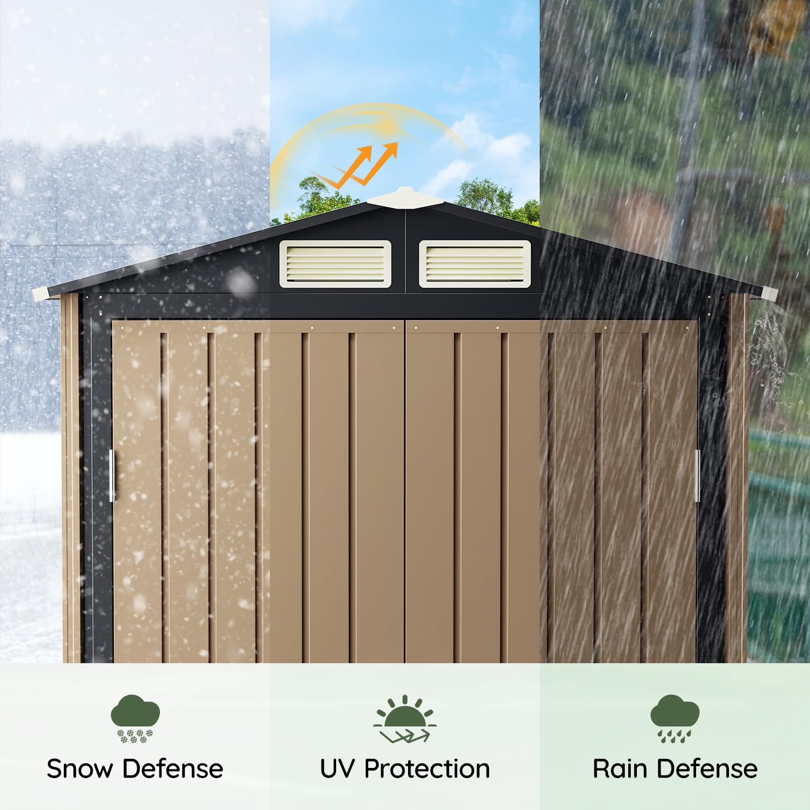 Grovellis 5x3 FT Outdoor Metal Storage Shed with Floor Frame, Double Door, 1 Clear Window, Tool Shed for Garden, Patio, Backyard Brown