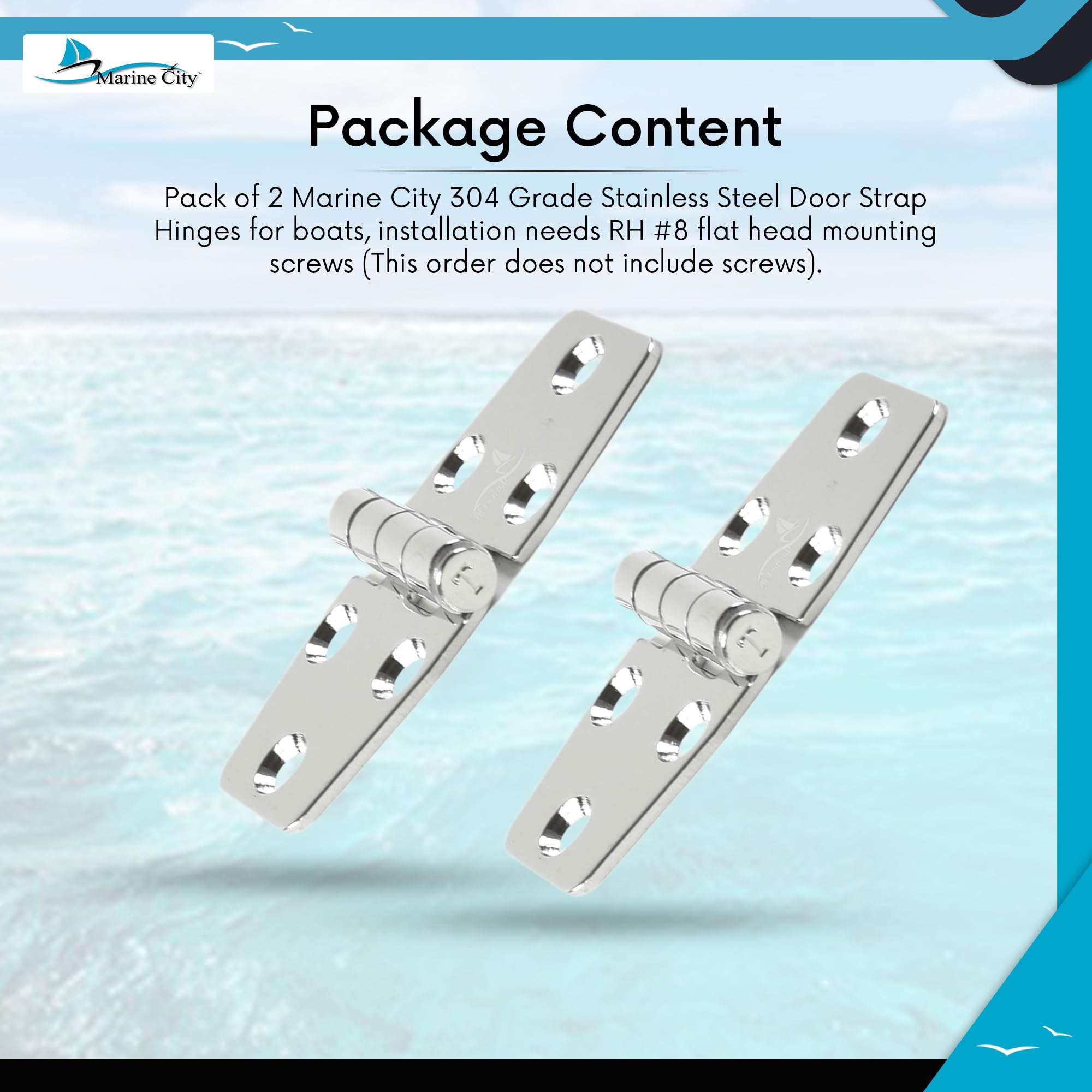 MARINE CITY Heavy Duty 304 Stainless Steel Polished Door Strap Hinges (1-1/2 × 3 Inches) for Boats – Kayaks – Yacht Doors – Peer Doors – Motor Boxes (Pack of 2)