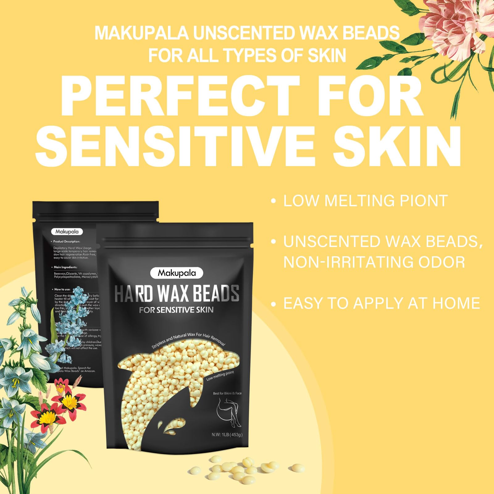 Makupala 1lb Hard Wax Beads, Unscented Waxing Beads for Sensitive Skin Hair Removal, Low Melting Point Wax Beans for Full Body, Bikini, Underarm, Facial, Brazilian Waxing at Home Women Men