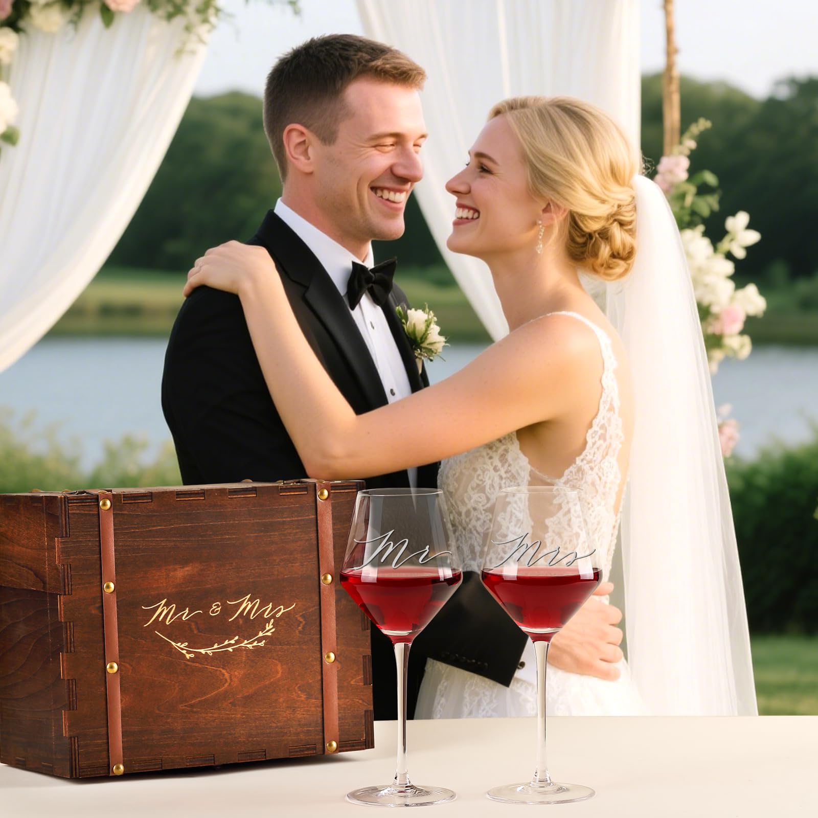 SIPBYSOP Mr Mrs Wine Glasses Gifts for Wedding/Engagement/Bridal Shower,Classy Engagement Present,WEDDING Gift for Couples,Women,Bride to be,Newlyweds-Wedding Keepsake Box with Wine Accessories