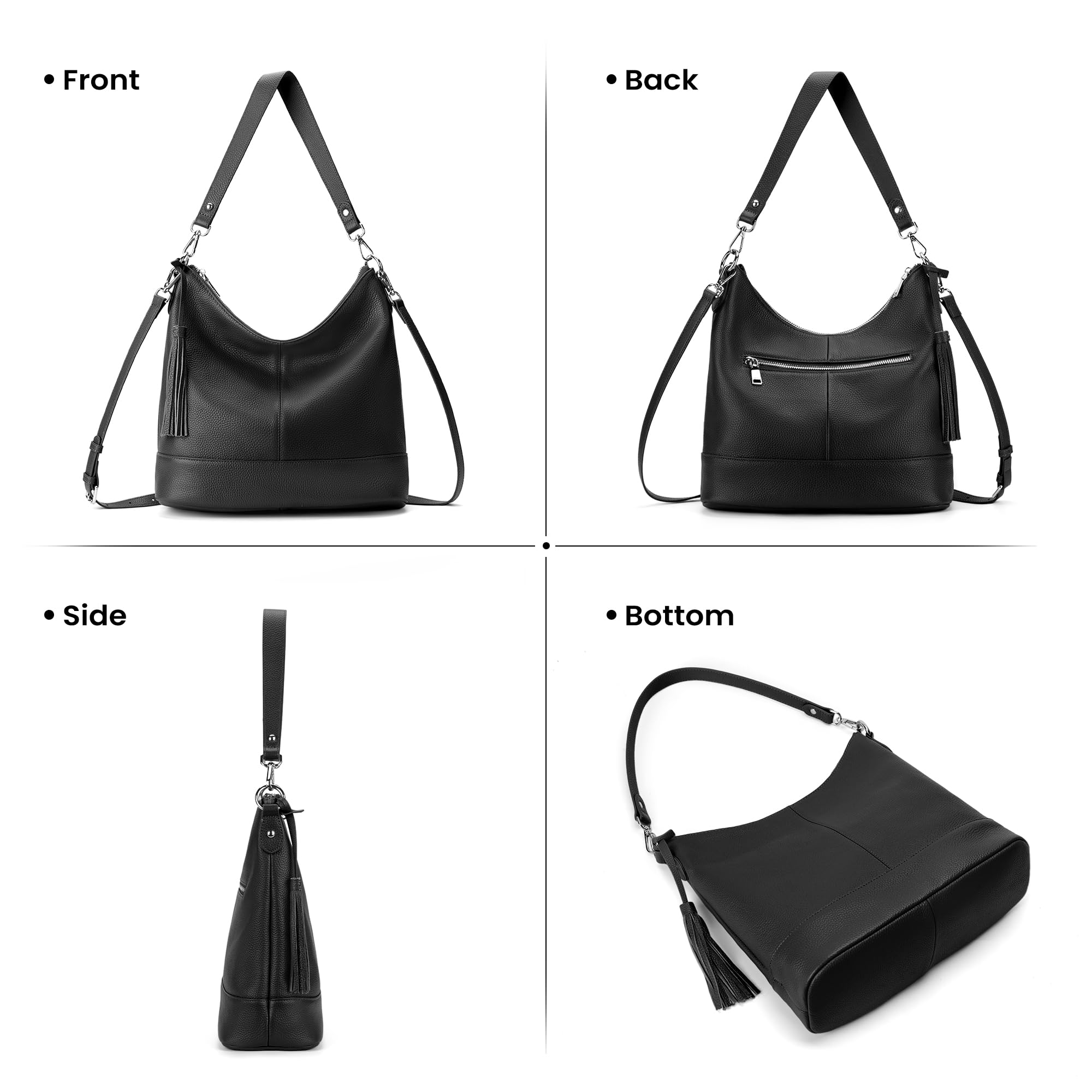 befen Genuine Leather Hobo Crossbody Bag for Women, Large Black Leather Purses, Women's Shoulder Handbags with 2 Removable Strap, Durable Slouchy Bucket Purse With Zipper Pocket for Everyday & Travel